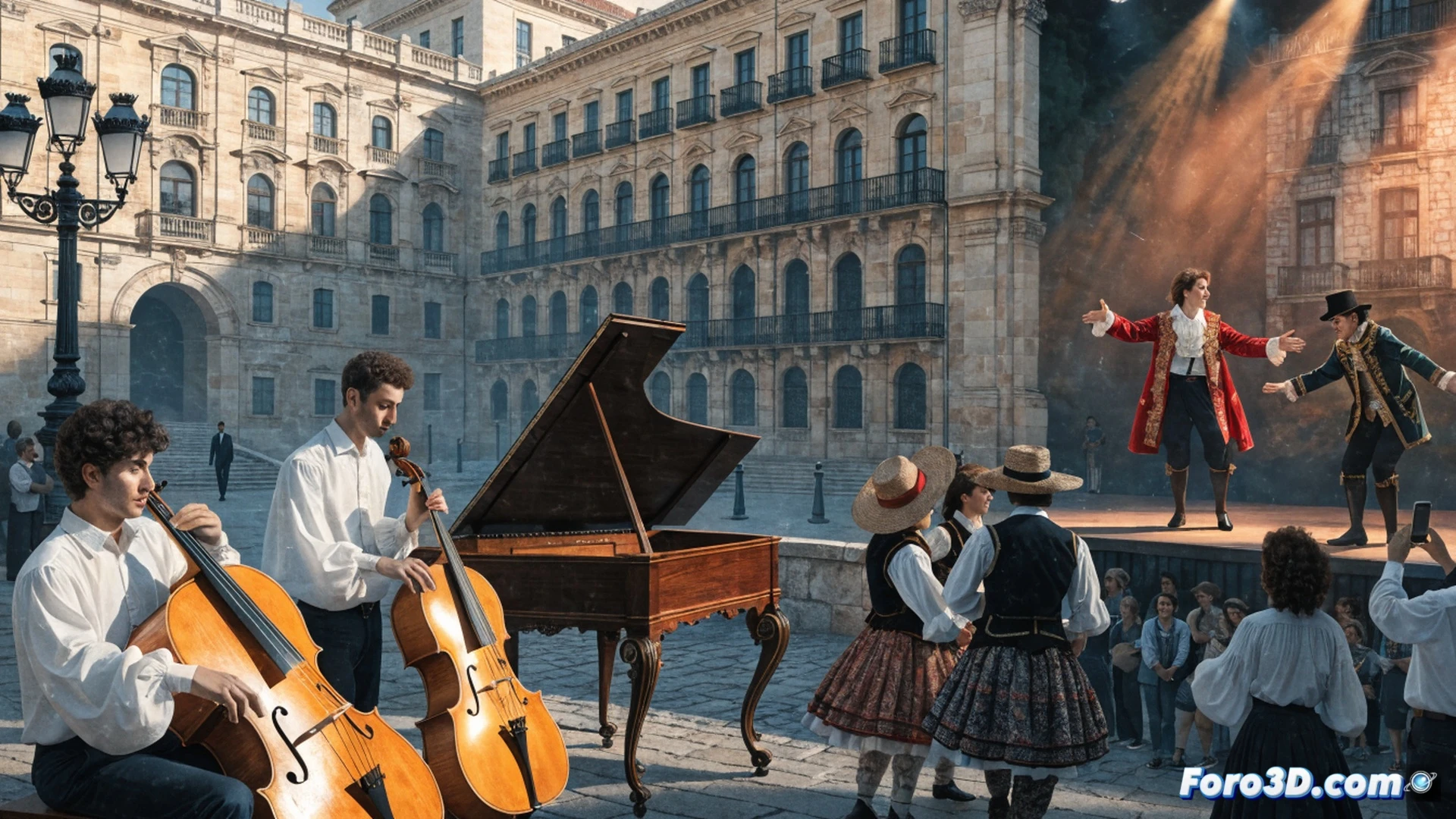 cinematic wide shot of an open-air theatre stage in Alcalá de Henares, actors in classical period costumes performing a dramatic scene under warm sunset light, audience of diverse ages sitting on stone steps, a musician playing a lute on a wooden platform, technical lighting rigs and speakers visible at the edges, stage curtains billowing slightly, photorealistic architectural detail of historic buildings in background, golden hour atmosphere, shallow depth of field, vibrant cultural festival mood, ultra-detailed textures of stone and fabric