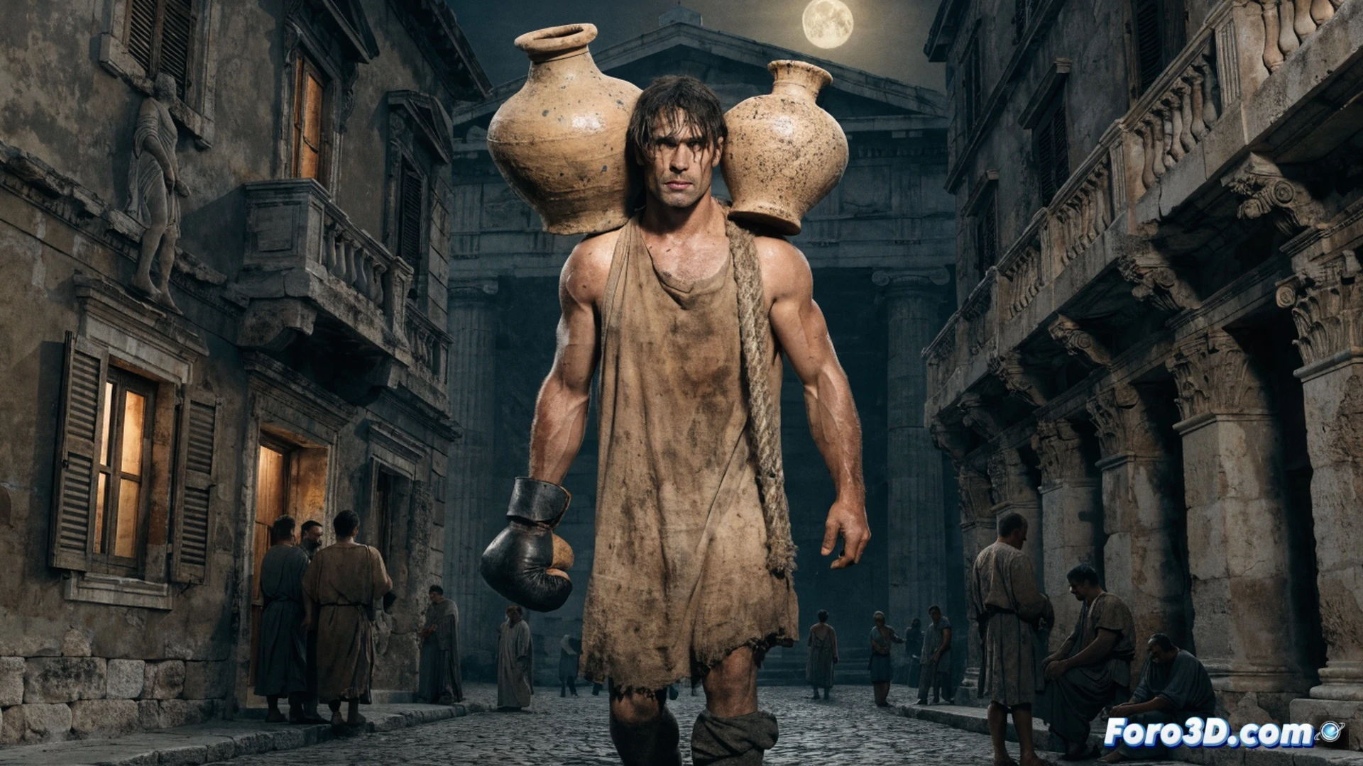 Ancient Greek boxer transitioning from ring to night work, muscular man carrying two large clay water amphorae on a wooden yoke across shoulders, walking through narrow torch-lit Athenian streets at midnight, sweat dripping on cobblestones, boxing wraps still visible on wrists, Stoic philosopher scroll tucked under arm, cinematic historical visualization, dramatic chiaroscuro lighting from oil lamps, realistic marble textures and broken pottery details, photorealistic ancient Greece scene, deep shadows emphasizing physical exhaustion and determination, ultra-detailed anatomical rendering of muscles under strain, motion blur on water splashes from clay vessels