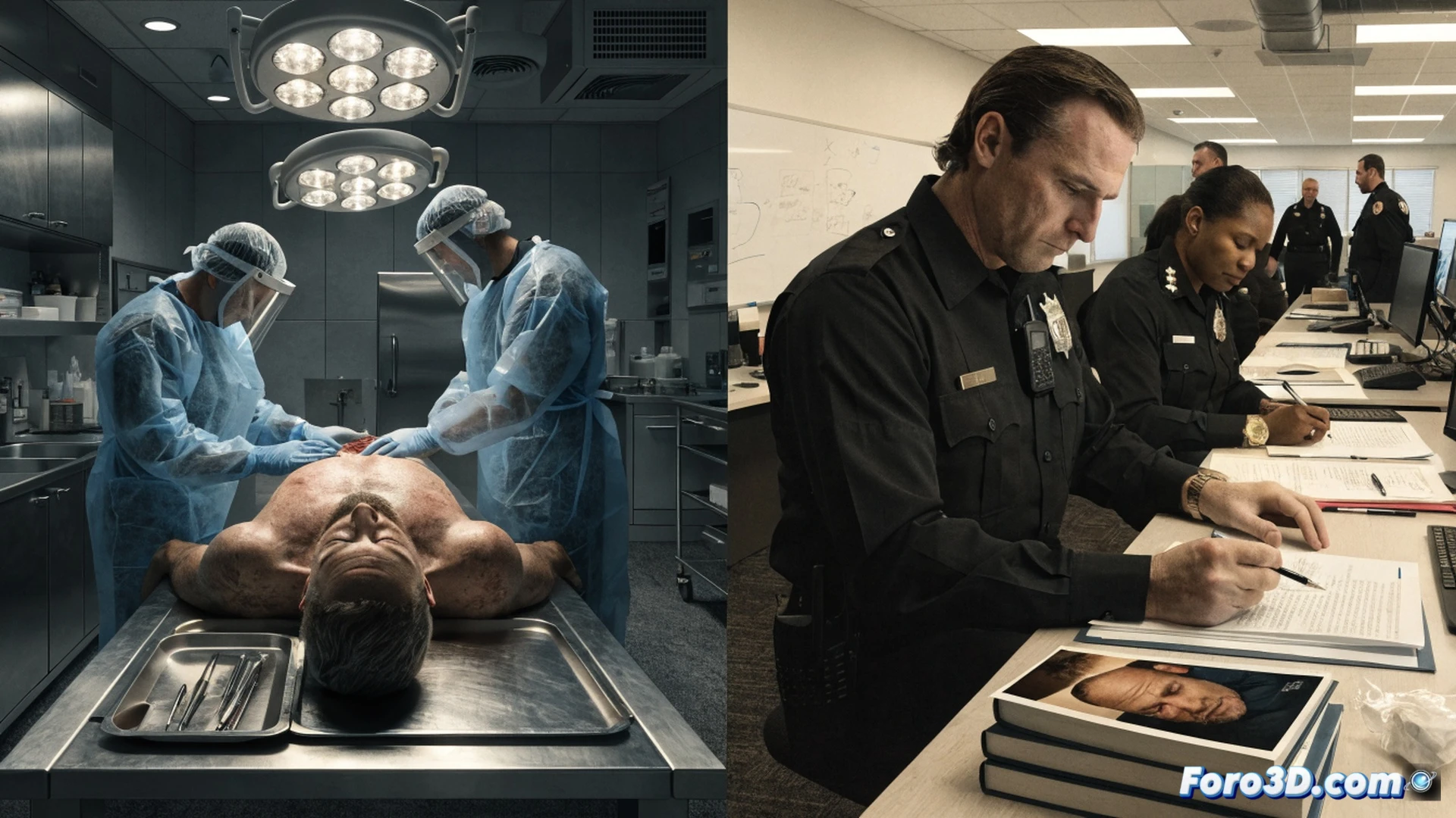 forensic investigator closing a file folder on a desk, a medical autopsy report and a heart monitor flatline printout visible, a sealed evidence bag with no label beside a stethoscope, clean white office lighting, photorealistic technical illustration, shallow depth of field focusing on the closed folder, calm professional atmosphere, no text or numbers in the image