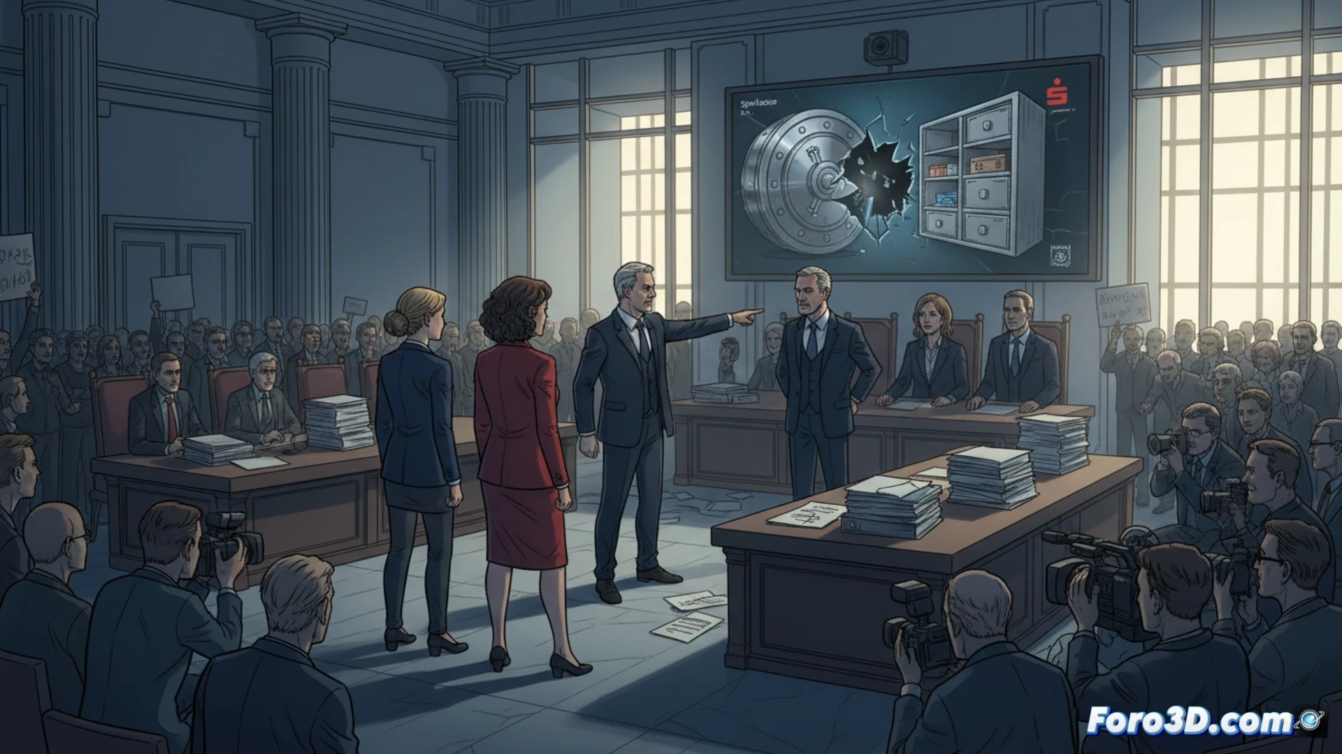 bank vault door forced open with visible drill marks, security camera cables cut and dangling, empty safety deposit boxes with torn metal linings scattered on floor, two women in professional attire pointing at broken lock mechanisms while a bank manager gestures defensively, forensic specialist examining fingerprint dust on a crowbar, cinematic photorealistic style, dramatic courtroom lighting with cold blue and amber tones, ultra-detailed metal textures, scattered jewelry and cash visible inside damaged boxes, tension-filled composition showing evidence of security failure, technical crime scene visualization