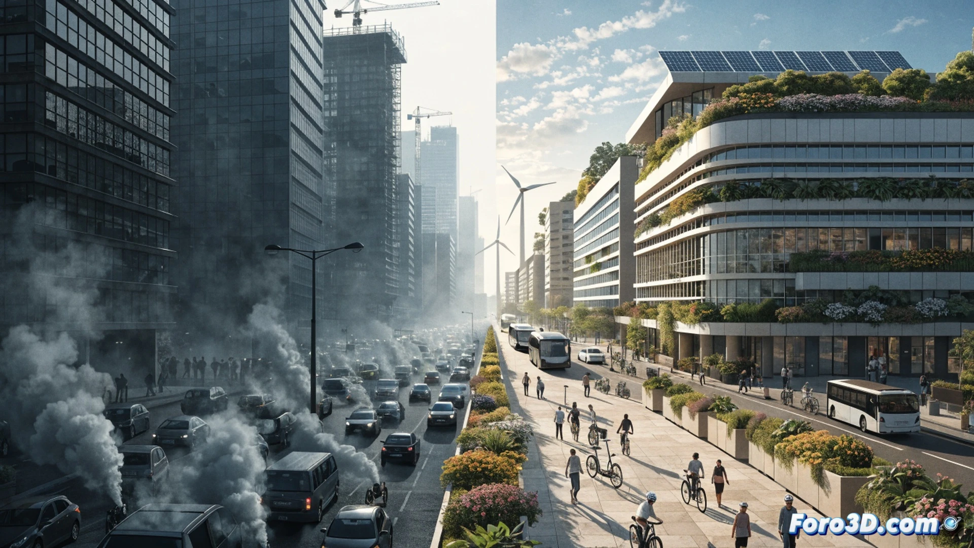 Aerial view of a dense European city skyline during sunrise, clean energy infrastructure being installed on rooftops by workers in safety gear, electric buses moving through tree-lined streets while air quality sensors on lampposts display green indicators, photovoltaic panels reflecting sunlight, wind turbines visible on the horizon, cyclists and pedestrians in a car-free plaza, photorealistic technical illustration, cinematic golden hour lighting, sharp urban textures, motion blur on vehicles, glowing green data overlays showing reduced pollution levels, ultra-detailed environmental engineering visualization