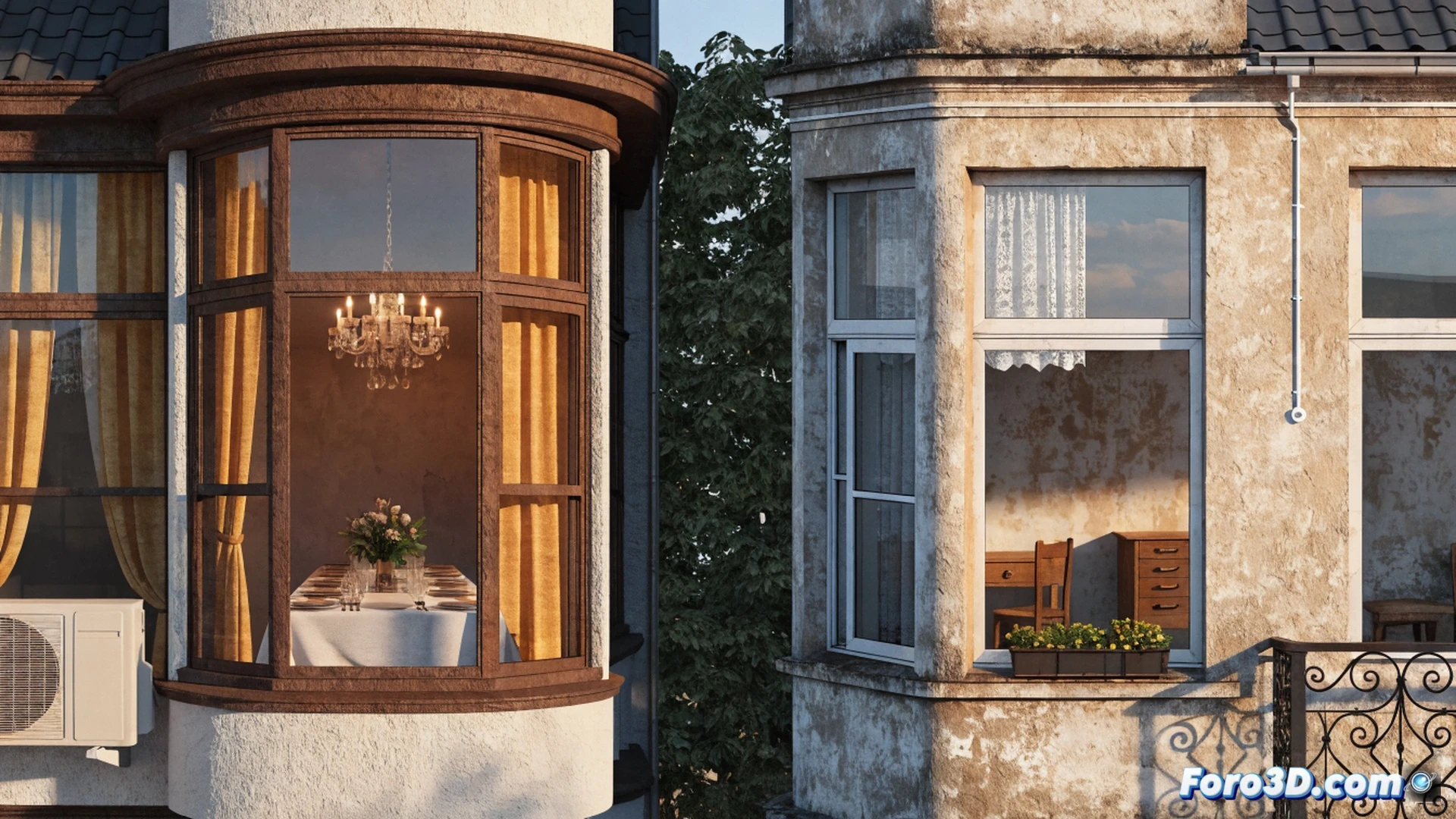 European apartment facade during extreme heatwave, two workers installing a modern split air conditioning unit on a brick wall, outdoor condenser unit with copper refrigerant pipes being connected, indoor unit partially visible through open window, a third worker checking digital pressure gauge on the refrigerant line, heat haze shimmering above the street, thermometer on the wall showing 42 degrees Celsius, blue and white metallic unit, safety harnesses and tool belts, sweat on workers foreheads, cinematic photorealistic architectural visualization, dramatic sunlight creating harsh shadows, realistic materials and textures, hyper-detailed HVAC components, copper tubing bending process, technical installation procedure in action, urban context with other buildings in background.