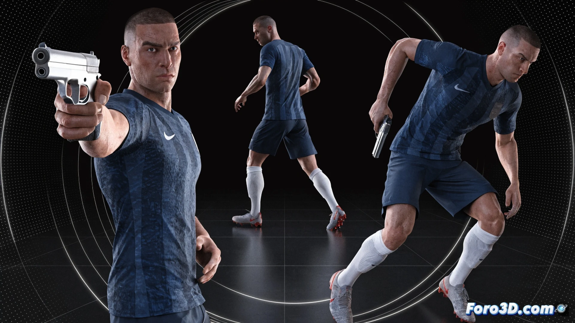 photorealistic technical 3D analysis scene of Clint Dempsey mid-action on a Premier League pitch, left foot controlling a bouncing ball with perfect first touch while scanning space behind defenders, three translucent holographic panels floating around him showing biomechanical joint angles, heatmap of his movement zones in the box, and a radar-style vision cone highlighting peripheral awareness, cinematic stadium lighting with dramatic shadows, ultra-detailed grass texture and boot studs, engineering visualization style with data overlays and wireframe skeleton, motion blur on the ball, intense focused expression