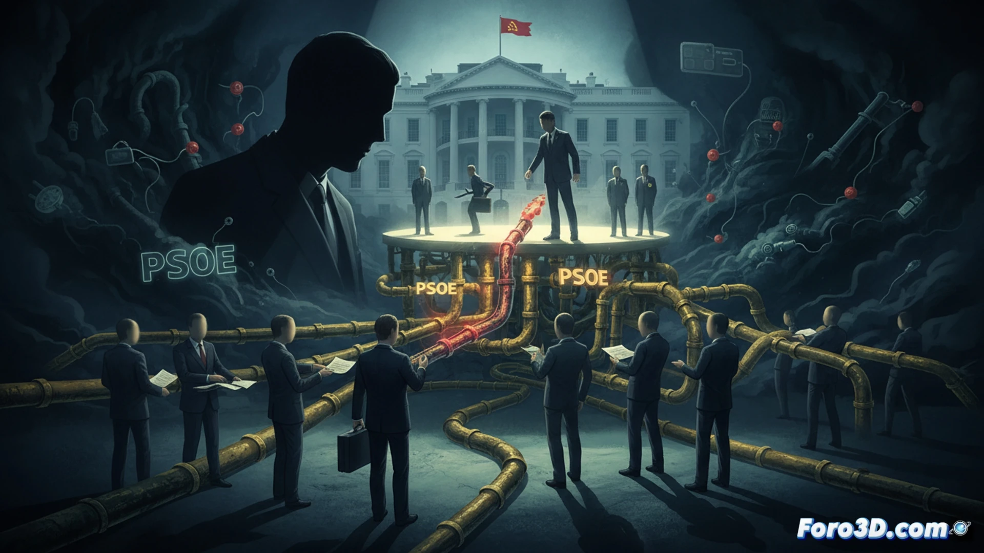 Una imagen oscura de un pasillo de juzgado español. Al fondo, una silueta borrosa de la Casa Blanca. En primer plano, un político sonríe mientras guarda un sobre de dinero. Teléfonos pinchados y micrófonos cuelgan del techo. La escena transmite impunidad y secretismo.