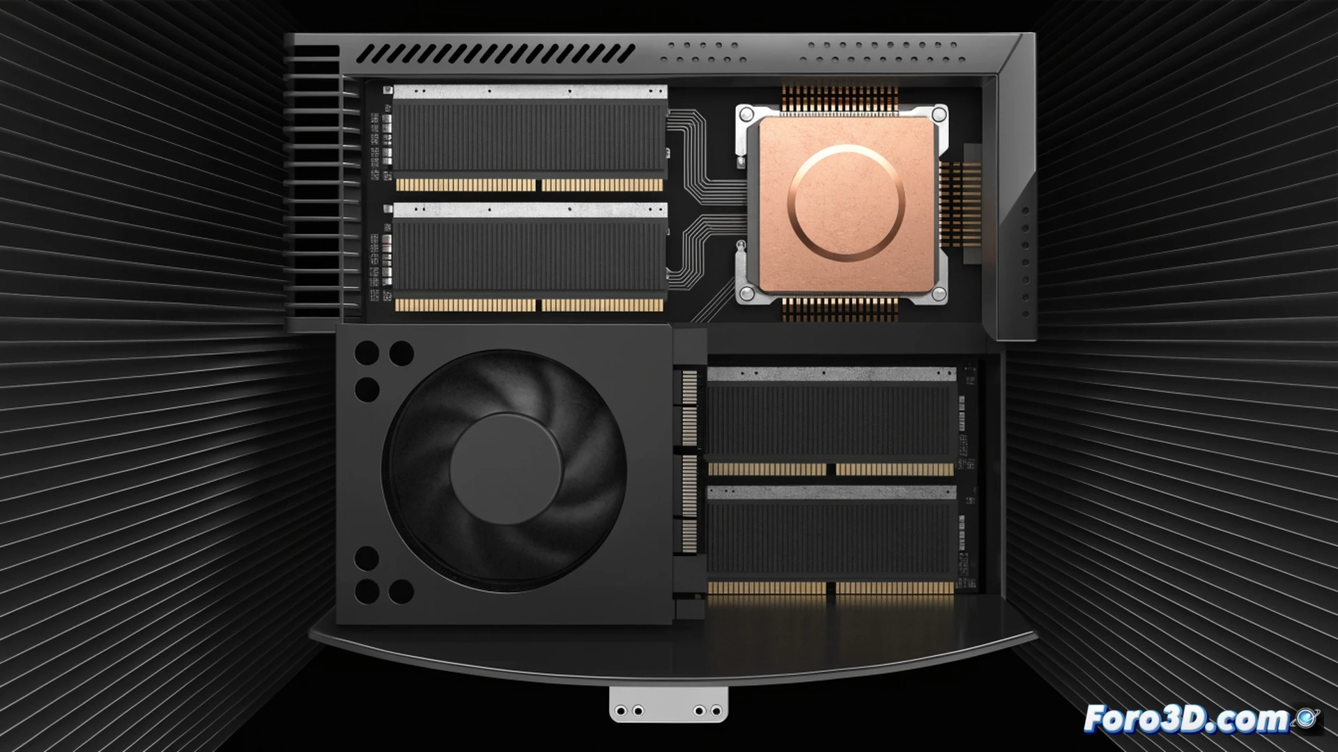 technical illustration showing a disassembled fake Steam Machine clone on a workbench, a magnifying glass revealing a DDR5 RAM slot next to an AM4 CPU socket with incompatible pin layouts, a ruler measuring the impossibly small chassis against a full-size GPU, a soldering iron touching a visibly fake heatsink, one hand holding a smartphone displaying a scam ad, scattered screws and fake packaging, cinematic lighting casting harsh shadows, photorealistic engineering visualization, ultra-detailed components, metallic reflections, precise technical scene documenting the hardware fraud