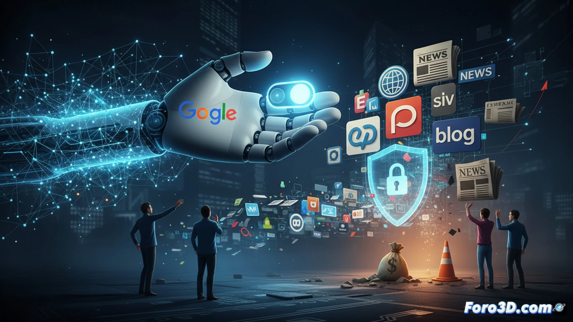 photorealistic technical illustration of a digital publishing dashboard showing a toggle switch labeled with AI summary permission control, newspaper logos fading into translucent data streams while a robotic hand reaches toward the opt-out button, glowing legal documents floating around a central CMA emblem, dramatic side lighting, cinematic courtroom-style atmosphere, metallic textures on the interface, binary code cascading in the background, ultra-detailed UI elements, sharp focus on the exclusion process, high-contrast shadows highlighting the decision moment