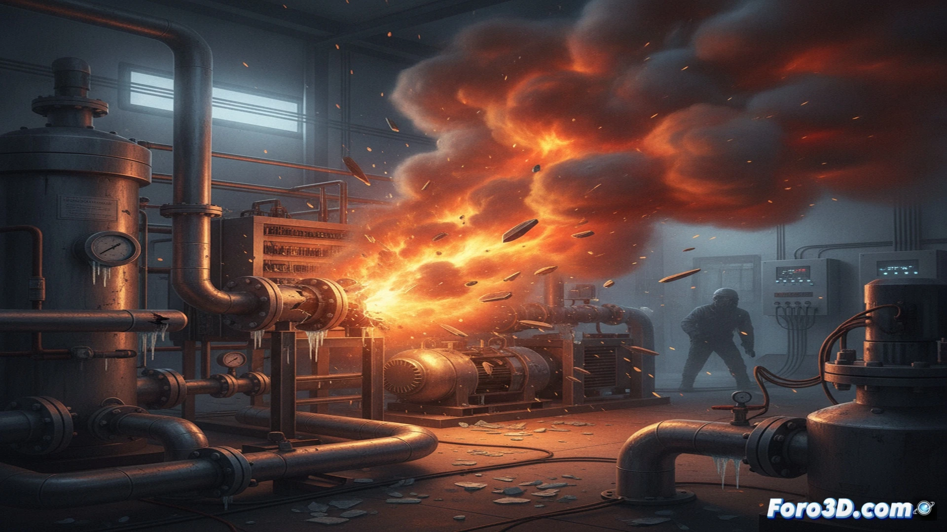 industrial refrigeration unit with CO2 transcritical system failure, high-pressure gas jet escaping from a ruptured pipe joint, technician in protective gear backing away while holding a diagnostic tablet showing red warning indicators, intense cold mist mixing with pressurized steam around the leaking valve, visible pressure gauge needle in red zone, tools scattered on the floor near a service panel, dramatic side lighting casting sharp shadows, metallic pipes with frost forming on adjacent sections, realistic engineering visualization with ultra-detailed mechanical components, photorealistic technical illustration style