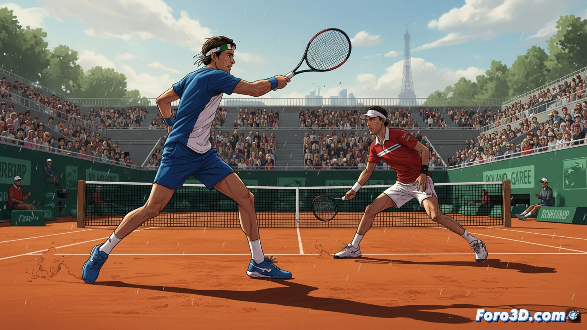 tennis match at Roland Garros clay court, Italian player Flavio Cobolli hitting a powerful forehand winner, American Learner Tien lunging to return but missing the ball, red clay dust spraying from Cobolli's shoes during the slide, net tape vibrating from previous shot, umpire chair visible in background, dramatic sunset lighting casting long shadows on court, photorealistic sports photography style, high freeze-frame action capturing the moment a winning streak ends, sweat droplets frozen mid-air, intense concentration on both players faces, detailed clay texture and line markings, cinematic depth of field with blurred crowd