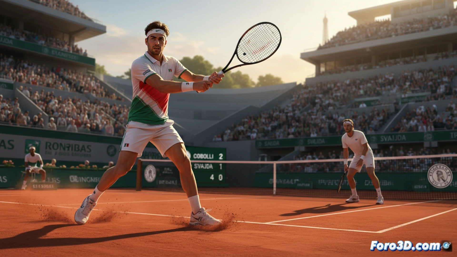 tennis player in intense forehand follow-through on red clay court, opponent lunging to return shot, Roland Garros stadium background with empty grandstands, perspective from low angle behind baseline, dramatic shadows from late afternoon sun, sweat droplets suspended mid-air, racquet strings flexing under ball impact, clay particles spraying from sliding footwork, cinematic sports photography style, high contrast lighting, shallow depth of field, photorealistic athletic motion capture