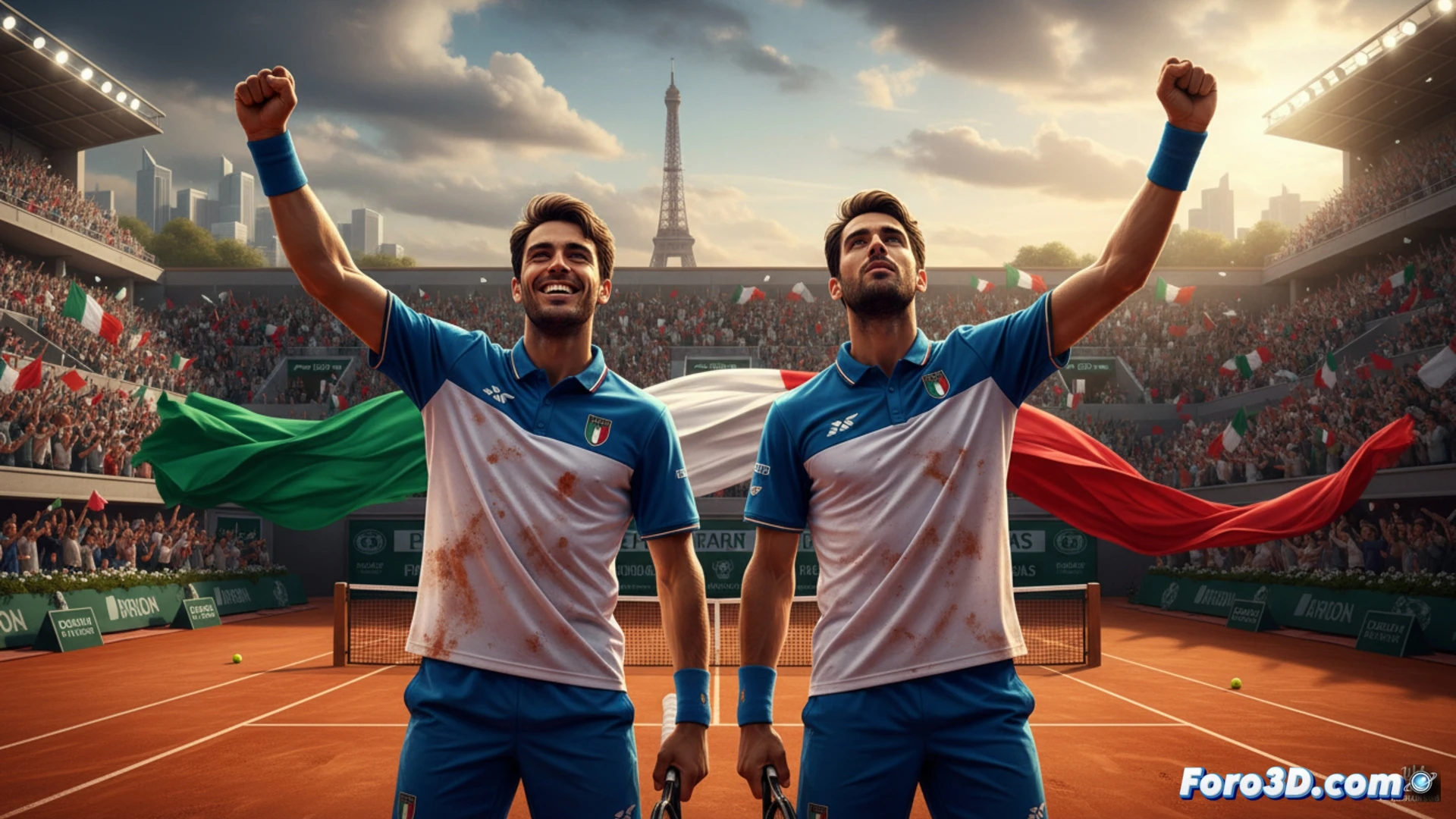 cinematic tennis match scene at Roland Garros clay court, Flavio Cobolli executing a powerful forehand swing while Matteo Berrettini celebrates in the background, red clay dust spraying from impact, net tension cables vibrating, stadium crowd blurred in golden sunset light, professional tennis racket strings flexing during ball contact, sweat droplets frozen mid-air, photorealistic sports photography, dramatic low-angle shot, ultra-detailed clay texture, high-speed action freeze frame, dynamic motion blur on ball trajectory, inspiring athletic triumph visualization