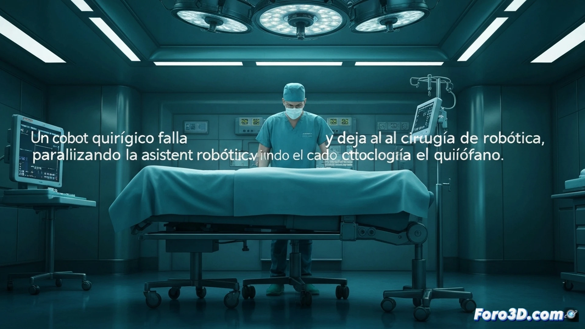 Quirófano moderno durante parada crítica de cobot quirúrgico, brazo robótico articulado detenido en posición intermedia con luces de error rojas parpadeando, cirujano sosteniendo pinzas laparoscópicas manuales mientras instrumentos robóticos cuelgan inertes sobre paciente anestesiado, pantalla de monitor mostrando interfaz de software con mensaje de fallo del sistema, equipo médico improvisando con herramientas tradicionales sobre mesa de acero inoxidable, luces quirúrgicas frías iluminando la escena tensa, cables y tubos desordenados, estilo cinematográfico fotorrealista, iluminación dramática con sombras duras, texturas metálicas y plásticas detalladas, composición dinámica mostrando acción humana frente a tecnología fallida.