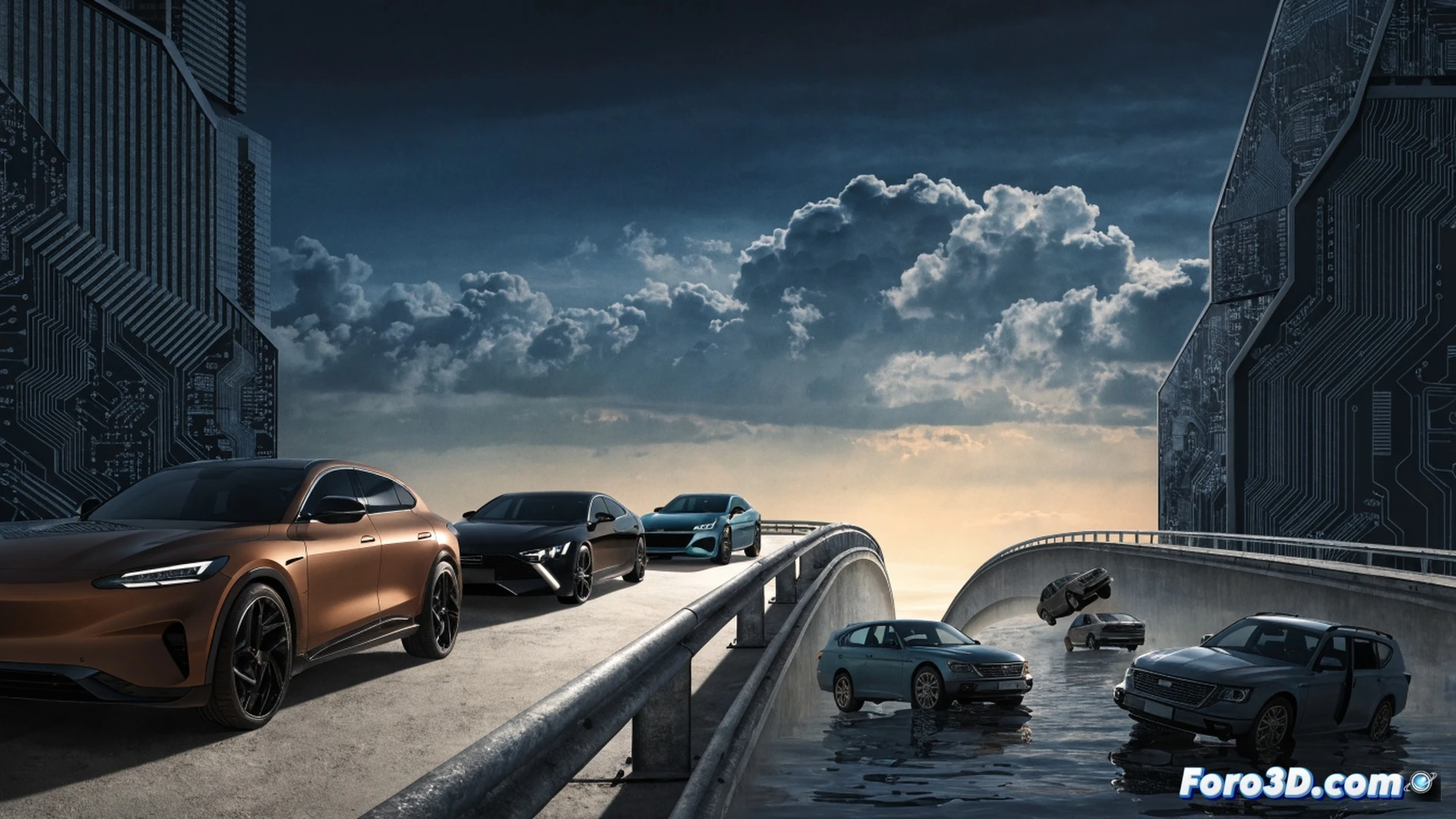 Chinese electric cars being unloaded from a massive cargo ship at a futuristic European port, dock cranes lowering BYD and Chery vehicles onto asphalt, while a diesel car sinks into a cracked and crumbling pier in the background, water flooding over its exhaust pipe, cinematic engineering visualization, photorealistic industrial scene, glowing charging cables connecting to the new EVs, cargo ship hull with Chinese flags, motion blur of crane arms moving, dramatic sunset lighting, ultra-detailed metal surfaces and tire treads, technical maritime logistics aesthetic