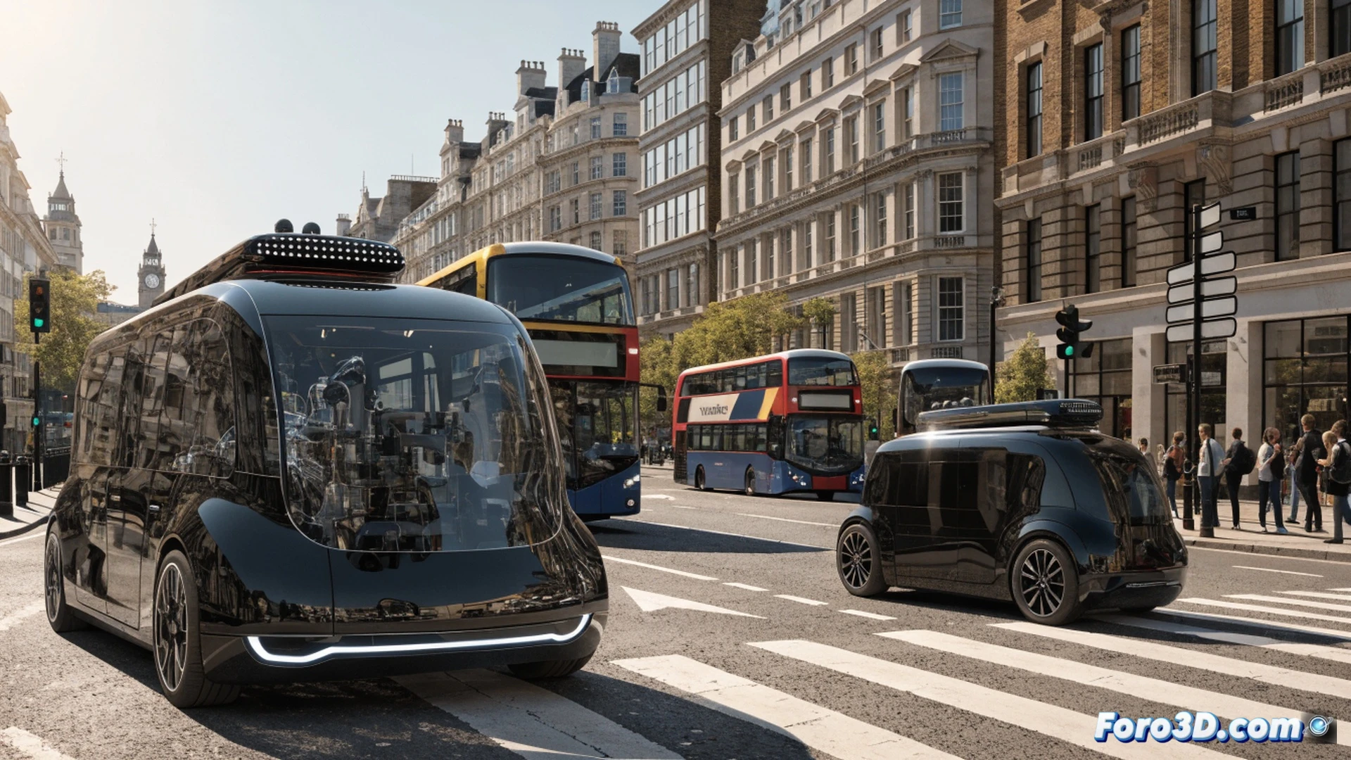 Autonomous taxi navigating a rainy London street at night, vehicle with LIDAR sensors and roof-mounted camera array actively scanning, car performing a precise maneuver to overtake a red double-decker bus while a pedestrian crosses a zebra crossing, dashboard inside visible through windshield showing real-time AI navigation interface with glowing trajectory lines, no driver present, cinematic engineering visualization, wet asphalt reflecting neon streetlights and brake lights, photorealistic urban scene, high-contrast dramatic lighting, ultra-detailed sensor hardware, motion blur on bus and street lamps, technical accuracy in autonomous driving components