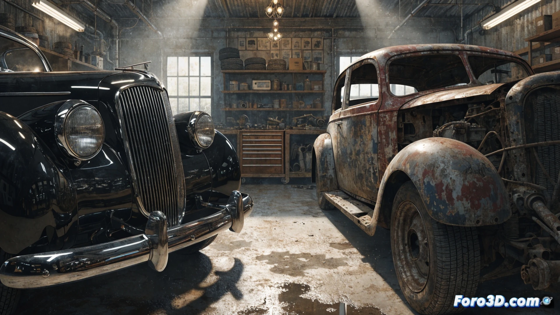 middle-aged mechanic holding a rare vintage car part, standing beside a dusty classic sedan in a cluttered garage, engine bay open with wires and hoses exposed, a laptop showing a parts database with out-of-stock alerts, shelves of organized tools and spare parts, broken alternator on a workbench, worn tires piled in corner, dramatic workshop lighting, dust particles in air, photorealistic technical illustration, cinematic composition, showing the contrast between passion for restoration and scarcity of discontinued components, ultra-detailed mechanical textures, realistic metal and plastic surfaces