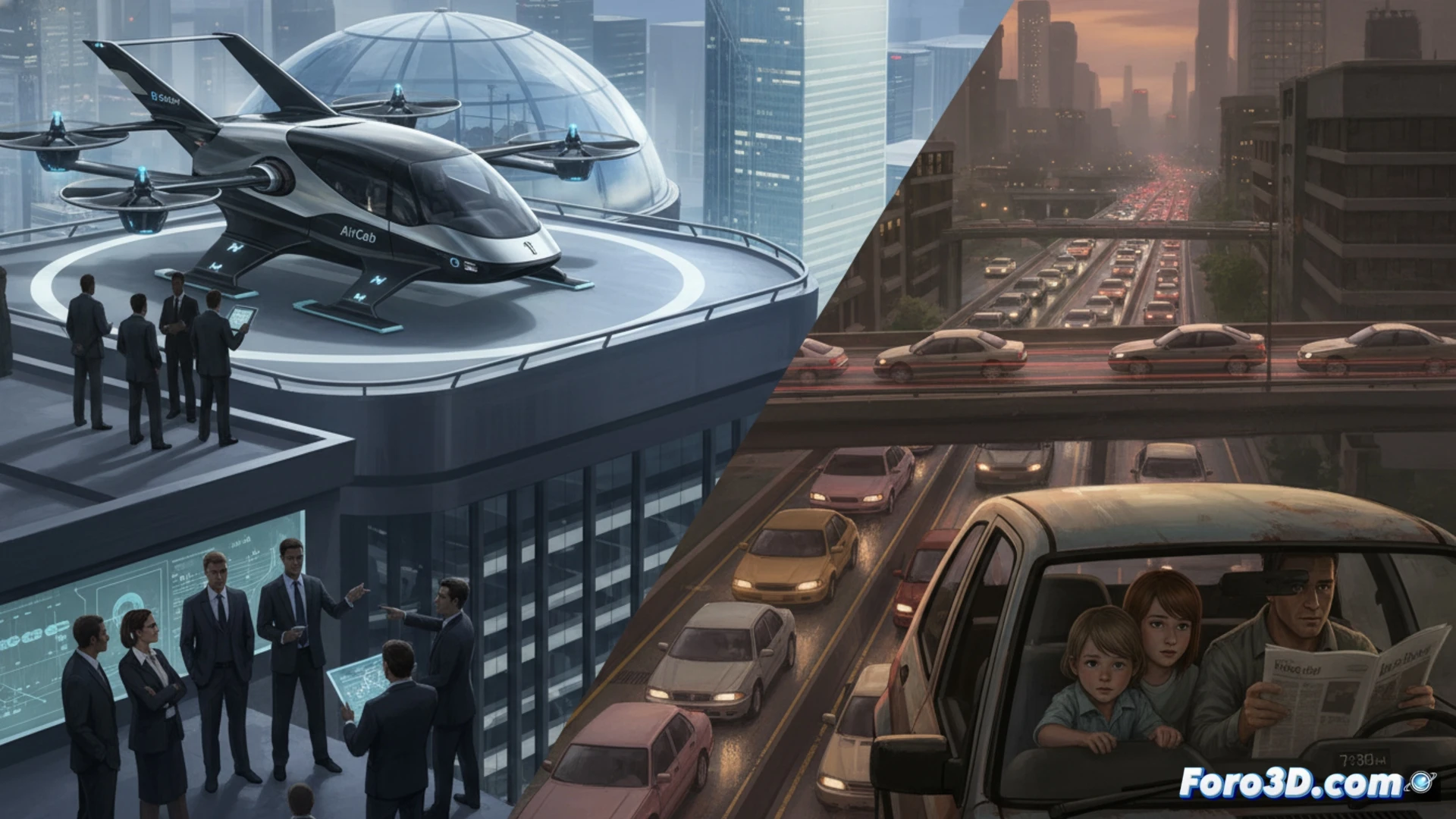 Cinematic aerial view of a futuristic Govy AirCab hovering above a congested highway, its solid-state battery pack glowing faintly blue beneath the chassis, while below a gridlocked line of ordinary cars emits exhaust fumes, a frustrated driver looking up through the windshield, contrast between sleek carbon-fiber flying vehicle and stagnant traffic, photorealistic technical illustration, dramatic sunset lighting, metallic reflections on the AirCab's undercarriage, dust particles suspended in air, ultra-detailed mechanical components visible through transparent battery casing, engineering visualization style