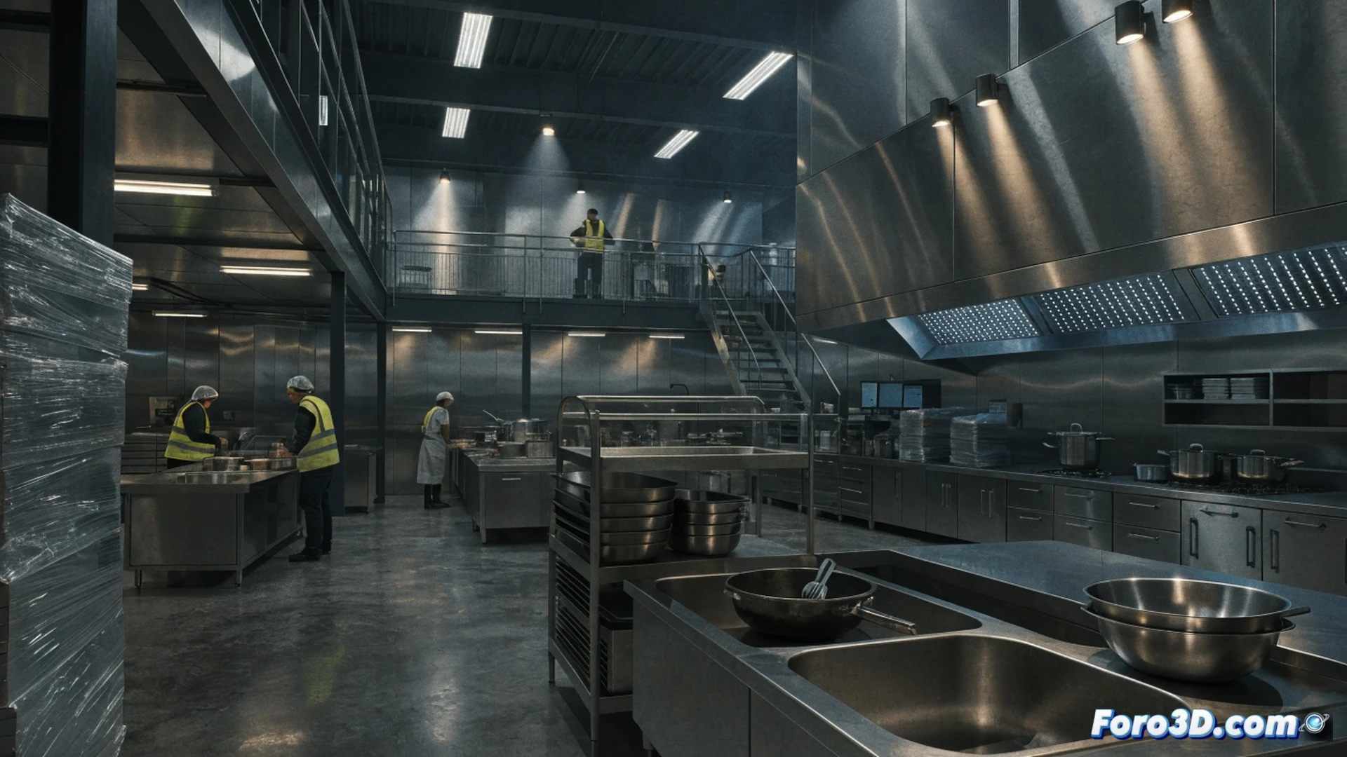 closed industrial kitchen facility with stainless steel counters covered in dust and cobwebs, a single flickering fluorescent light illuminating rows of empty food trays labeled for 33 schools, a broken HACCP temperature monitoring tablet on the floor showing a red warning alert, a stack of unopened food safety inspection forms gathering dust on a shelf, a chef s uniform hanging abandoned on a hook, a partially open walk-in cooler door revealing expired ingredients, dramatic shadows cast by emergency exit sign, photorealistic technical visualization, cinematic lighting with cold blue tones, high-angle shot emphasizing neglect and delayed maintenance, ultra-detailed textures of rusting equipment and peeling safety stickers