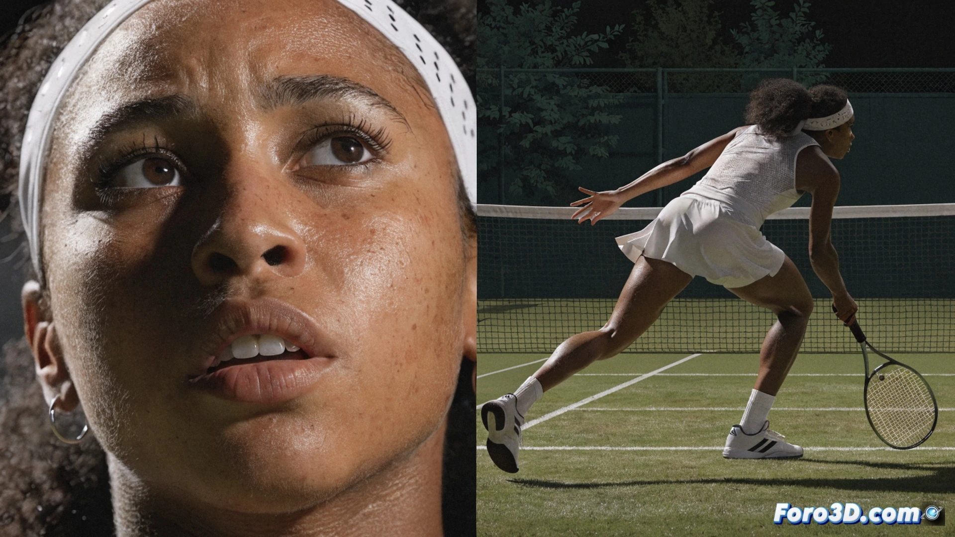 Coco Gauff deslizándose sobre césped mojado en Wimbledon, pie izquierdo resbalando mientras intenta golpear un revés, raqueta inclinada a 45 grados, césped desprendiéndose bajo sus zapatillas, gotas de rocío iluminadas por luz solar tenue, hierba aplastada marcando una trayectoria inestable, fondo borroso con gradas verdes y blancas, expresión de concentración tensa, vestimenta blanca clásica, cinematic sports photography, movimiento congelado con viñeta dramática, textura detallada de la hierba y fibras sintéticas de la raqueta, photorealistic render