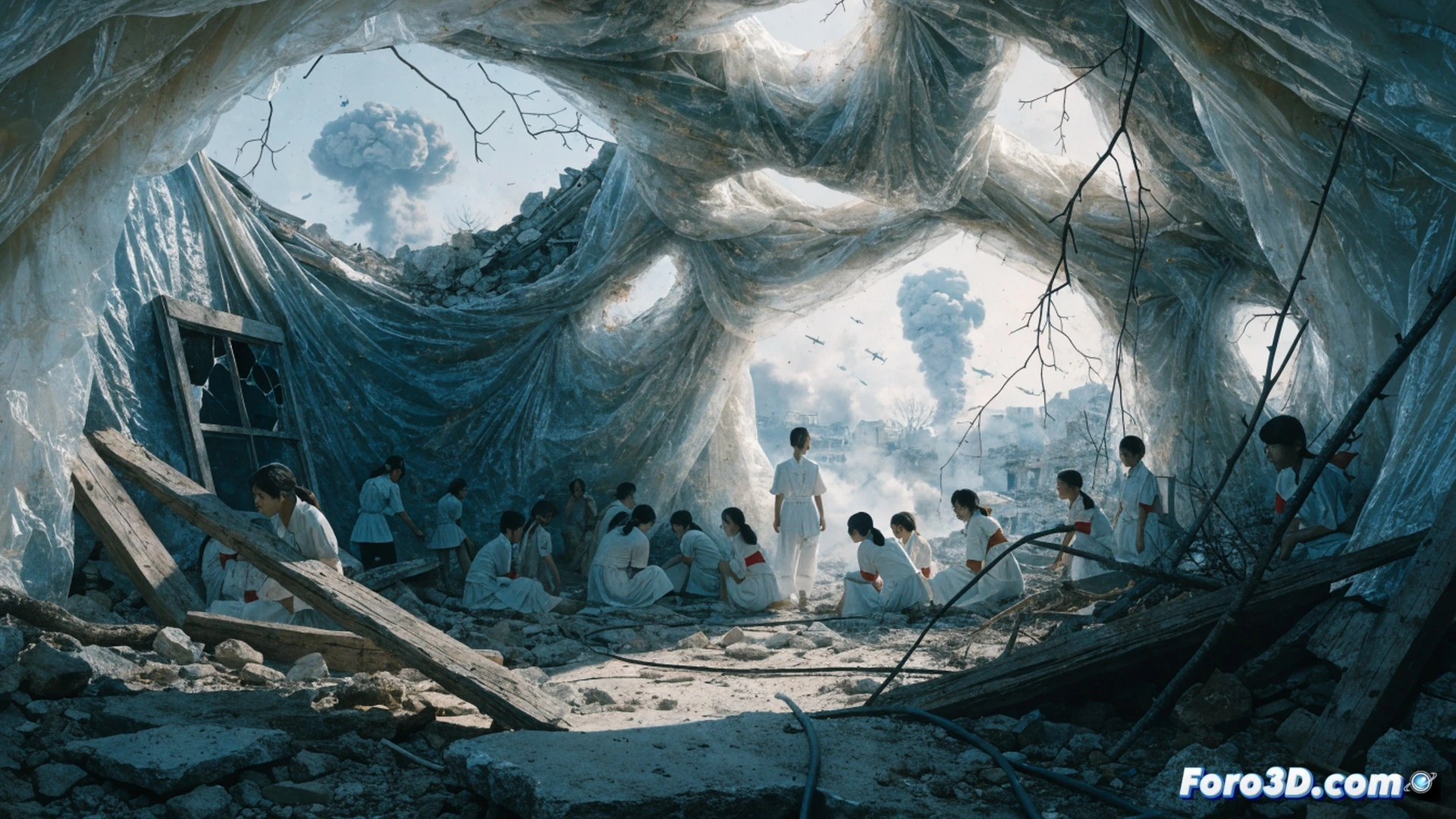 Okinawa wartime cave interior, teenage nursing students in torn uniforms tending wounded soldier with limited bandages, empty medicine bottles scattered on rocky ground, rusted surgical scissors and broken stretcher nearby, dim lantern casting shadows on damp stone walls, mud-splattered shoes and frayed fabric, one student holding a canteen with no water, another adjusting a blood-stained tourniquet, desperate exhausted faces, cinematic war drama lighting, historical photorealistic illustration, intense emotional atmosphere, gritty texture, muted earth tones with red accents, claustrophobic underground setting.