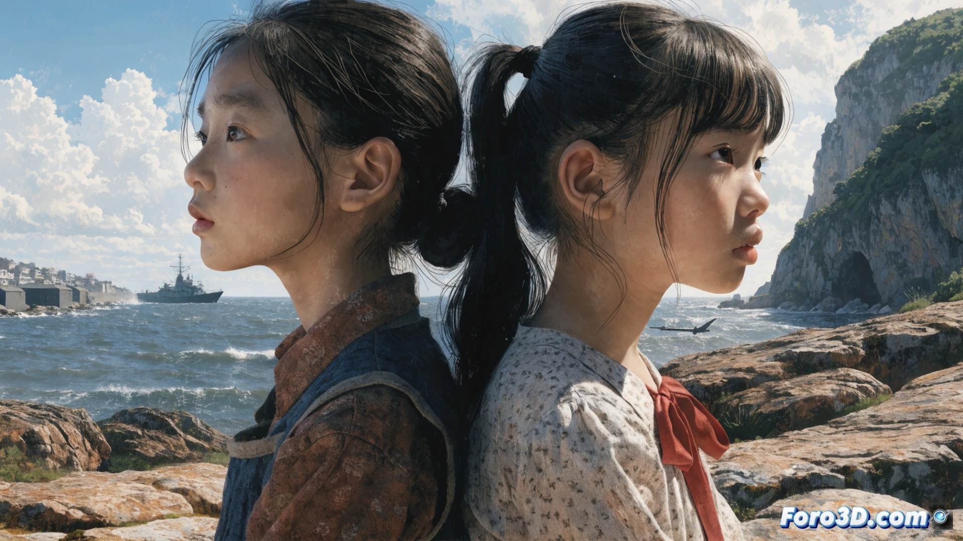 two young girls in 1940s summer dresses sitting on a wooden dock over calm ocean water, one holding a small mechanical radio while the other points at a distant military ship on the horizon, soft afternoon sunlight filtering through clouds, a rusted bicycle and fishing net nearby on the shore, old wooden houses visible behind palm trees, gentle waves lapping at dock posts, cinematic animation style, warm nostalgic color palette, subtle film grain, emotional storytelling composition, demonstrating childhood innocence against wartime backdrop, photorealistic painted aesthetic
