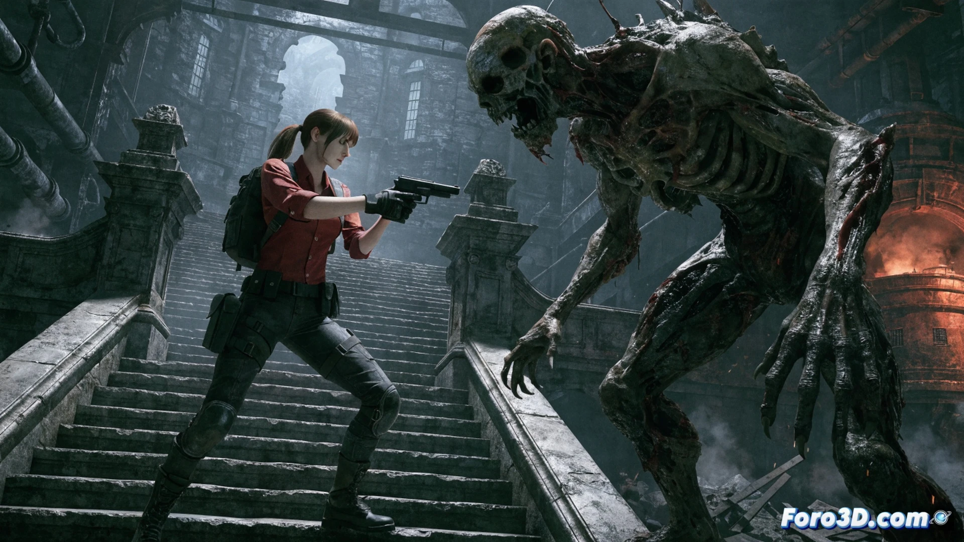 Claire Redfield corriendo por el pasillo metálico de una instalación subterránea en la Isla Rockfort, sudor visible en su rostro y chaqueta desgastada, mientras una horda de zombis biomecánicos avanza entre luces fluorescentes parpadeantes, partículas de polvo y humo flotando en el aire, su pistola humeante y con casquillos dispersos en el suelo, demostrando la simulación fotorrealista del RE Engine con reflejos dinámicos en superficies oxidadas, texturas de piel con poros y pelo mojado, iluminación volumétrica de focos industriales rotos, sombras nítidas proyectadas por barandillas y tuberías, estilo cinematográfico técnico con alto contraste, profundidad de campo y motion blur en los movimientos de Claire y los enemigos, ultra detallado, hyperrealista, render de motor gráfico de nueva generación.