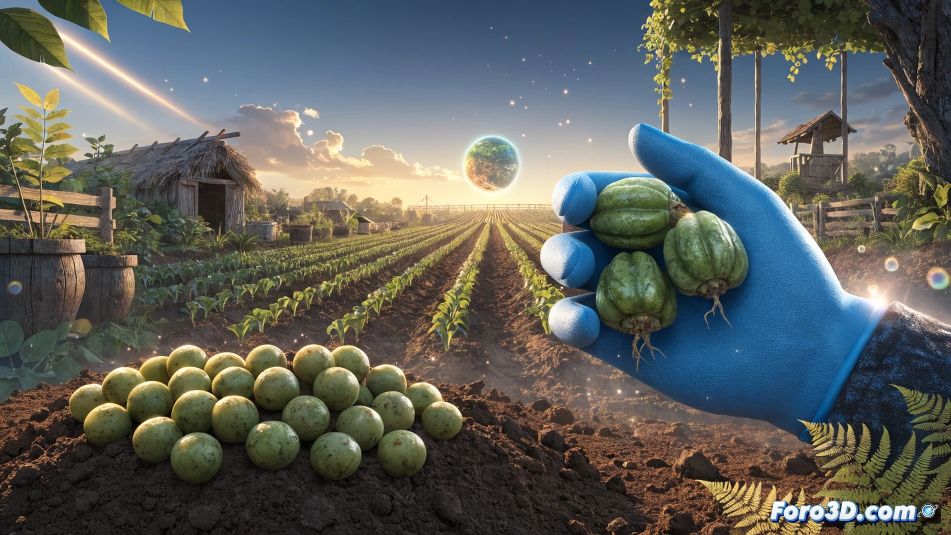 A Roblox player character in a bright farming scene holding a glowing green bean seed packet labeled with a virtual code interface, three fresh green bean seeds floating from the packet into a tilled soil patch, a digital shop menu fading in the background with a zero-coin cost indicator, gardening tools like a watering can and hoe nearby, action of planting seeds demonstrated during early morning light, cinematic game screenshot style, vibrant green and brown color palette, soft particle effects around seeds, immersive farming simulation aesthetic, photorealistic technical render