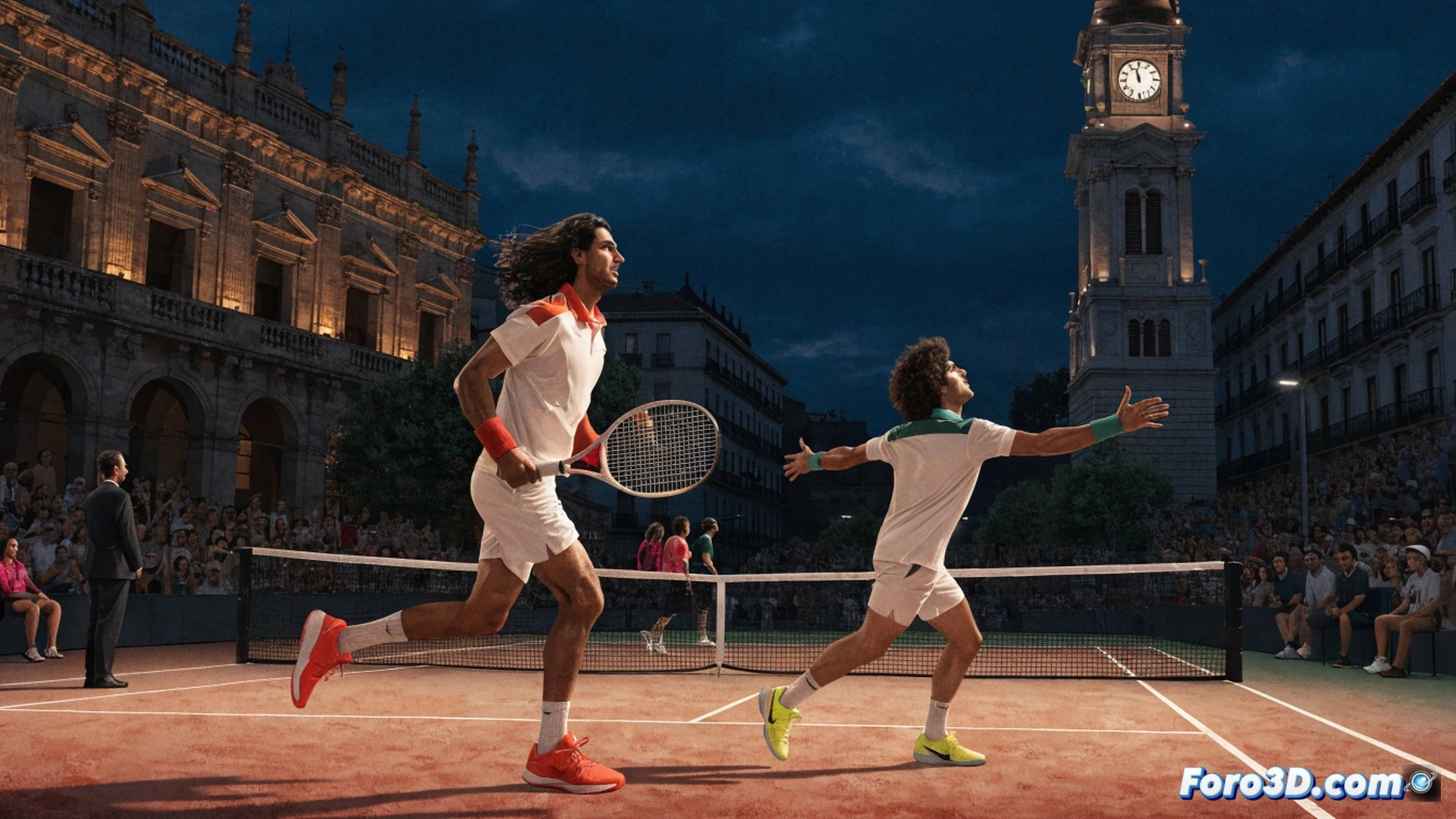 Professional padel match action shot in indoor court, local player Coello executing a powerful smash shot, racket mid-swing hitting the ball, opponent Galán diving to return, second opponent Chigotto limping with visible knee bandage, crowd cheering in blurred background, bright stadium lighting reflecting on polished court surface, yellow ball with motion blur, dynamic athletic poses, dramatic shadows, photorealistic sports photography style, high contrast colors, deep depth of field, capturing intense competitive moment