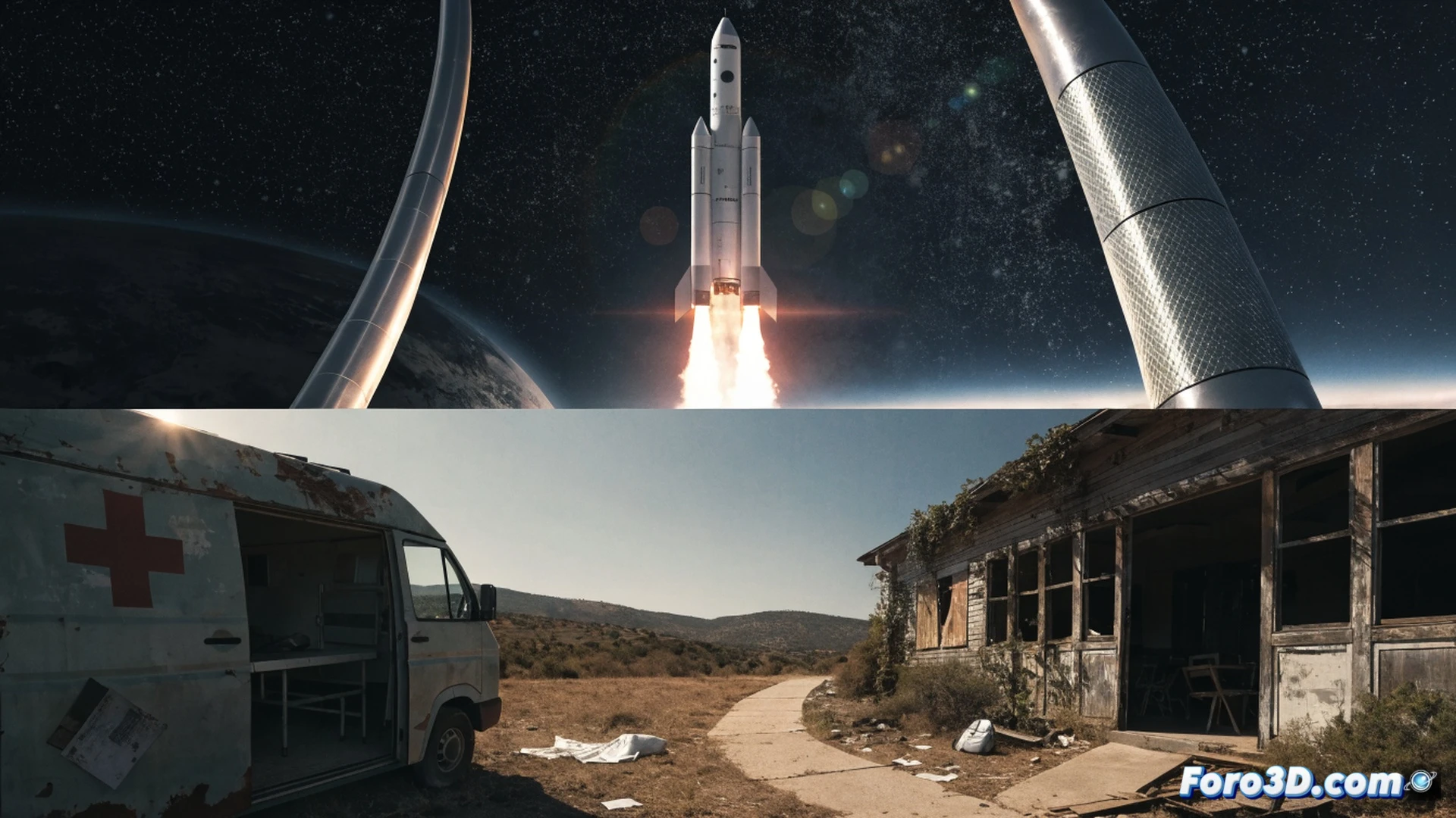 cinematic wide shot of a gleaming rocket launching into a starry sky, its bright exhaust plume contrasting sharply with a cracked, dry earth foreground, a worn-down public school building in the background with broken windows, a collapsed hospital sign half-buried in dirt, medical syringes and torn textbooks scattered on the ground, a smartphone screen glowing on the soil showing a stock market graph plummeting, photorealistic technical illustration, dramatic chiaroscuro lighting, hyper-detailed textures of rust and dust, symbolic contrast between vertical ambition and horizontal decay, no text or numbers visible
