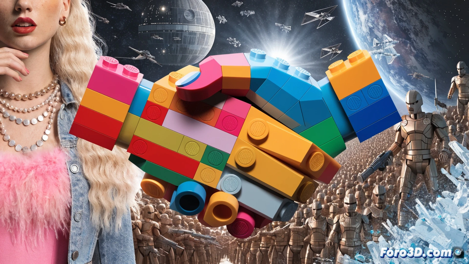 Vibrant city plaza during a live concert, Taylor Swift performing on a glowing stage while a massive Lego Star Wars X-wing is assembled by fans in the foreground, children holding Lego bricks and singing, digital screens showing shared audience data and value graphs floating in mid-air, brands merging seamlessly into daily life, cinematic wide shot, photorealistic, warm neon lighting, crowd energy, holographic brand symbols intertwining, ultra-detailed textures, joyful interaction, technical visualization of audience connection
