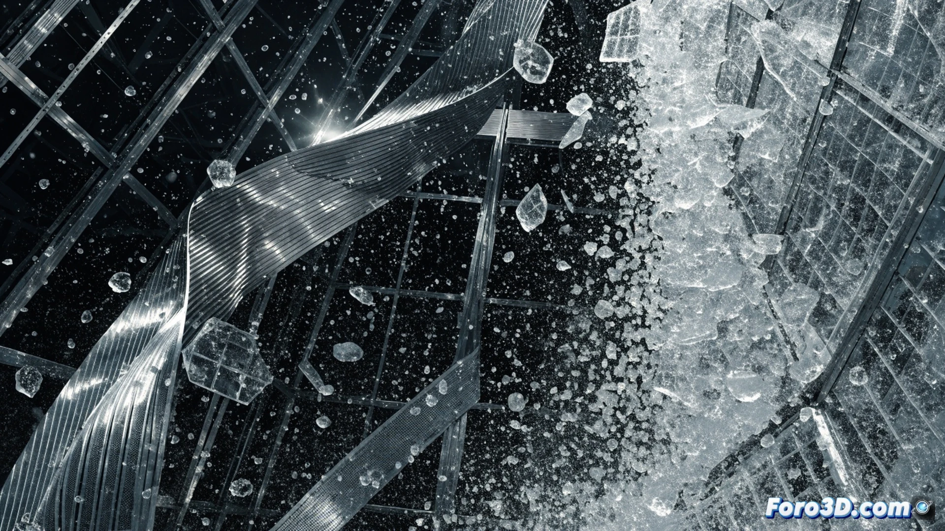 photorealistic engineering visualization of an aquarium glass roof collapse scene, stainless steel beam twisted at its midpoint under uneven hail load, large hailstones of varying sizes striking the metal surface at different angles, visible stress lines and deformation marks on the steel profile, cracked glass panels sagging downward, structural failure simulation with highlighted torque vectors and force arrows, dark stormy sky visible through broken sections, rain streaks and hail impacts frozen in mid-air, ultra-detailed metallic reflections on twisted steel, cinematic dramatic lighting with cold blue-grey tones, technical documentation style showing the asymmetric loading process