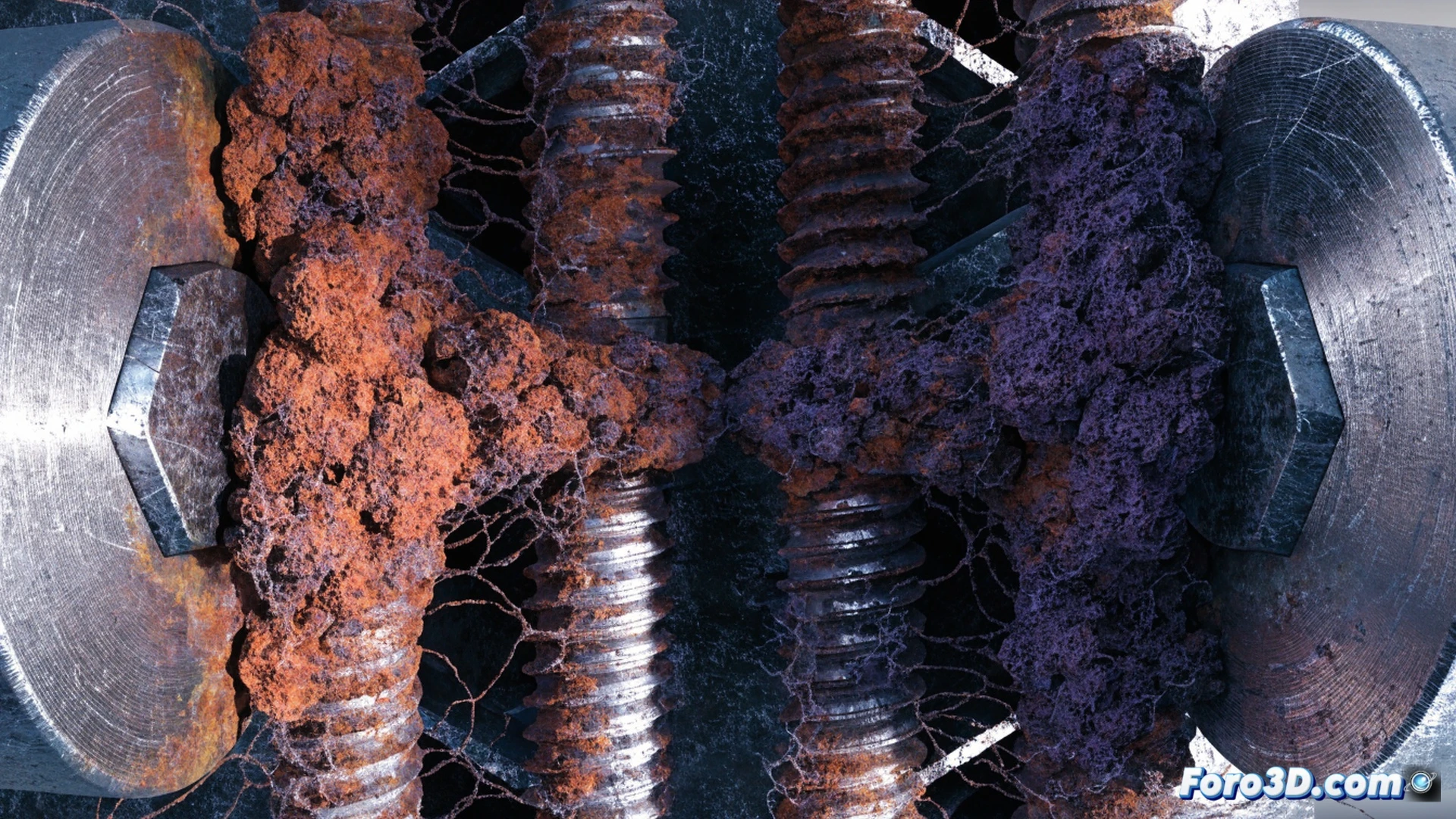 A corroded steel bolt on a viaduct acoustic barrier snapping under tension, visible galvanic corrosion between zinc-plated head and carbon steel shaft, 3D scanning tripod with FARO laser scanner positioned nearby, Autodesk ReCap interface projected as holographic overlay showing point cloud data of the failed joint, rainwater dripping along the metal surface, cracked concrete anchor, cinematic engineering visualization, dramatic side lighting emphasizing rust trails and metallic pitting, photorealistic technical render, ultra-detailed corrosion textures