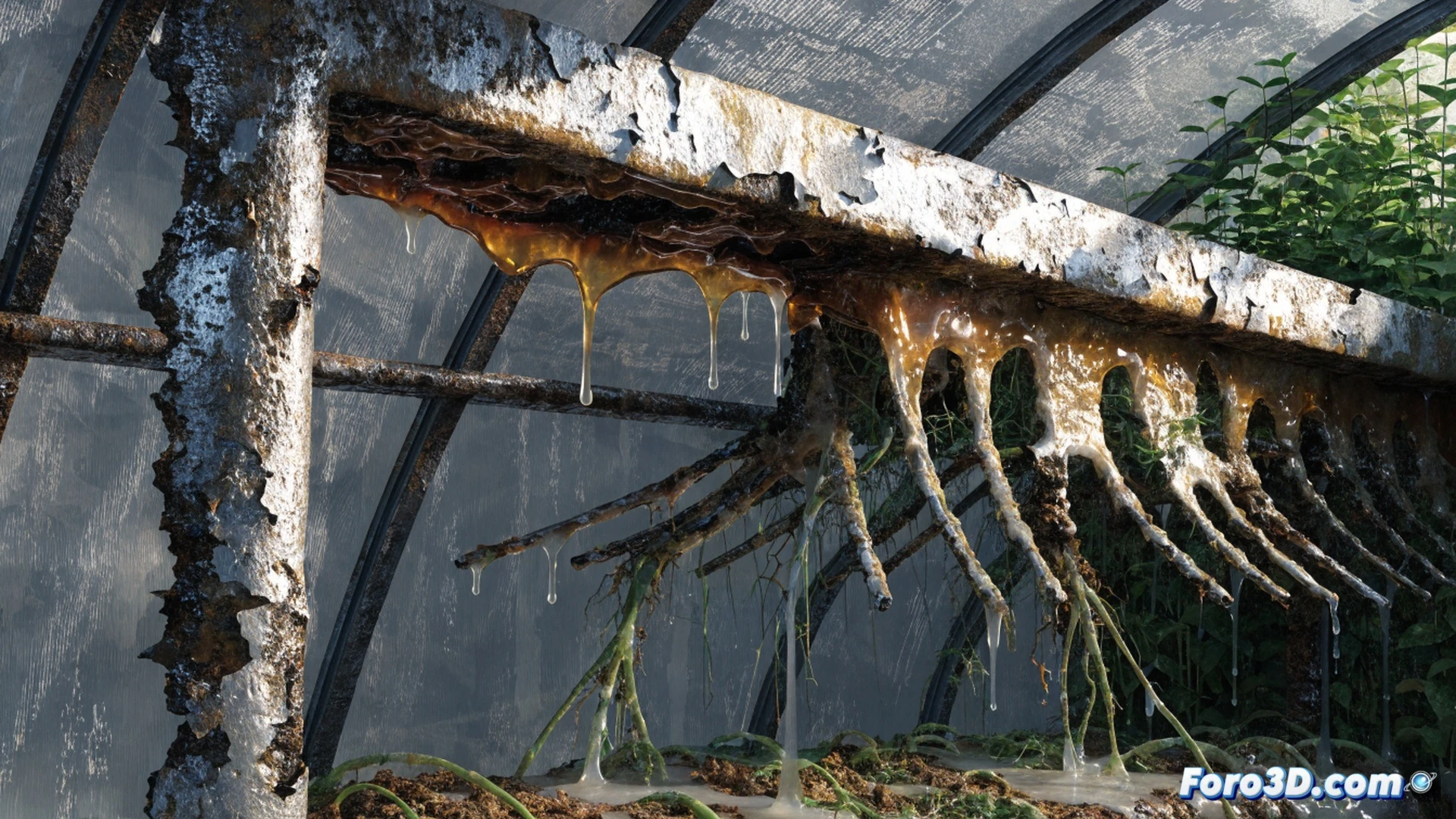 industrial invernadero aeropónico colapsando, soportes metálicos mostrando corrosión húmeda ácida con óxido verde y fisuras progresivas, estructura de acero doblándose mientras el techo de vidrio se fractura en tiempo real, tuberías de nutrientes rotas expulsando vapor acidificado, modelo 3D de Rhino superpuesto con líneas de wireframe, simulación de esfuerzos de Ansys Workbench con mapa de tensiones en rojo y naranja sobre los puntos de fallo, herramientas de ingeniería como tabletas con análisis CAE visibles en primer plano, iluminación dramática de invernadero con luz natural filtrada y sombras duras, estilo cinematic photorealistic technical illustration, ultra-detailed mechanical failure visualization