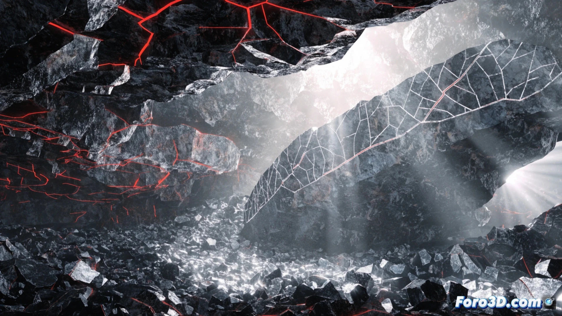 Simulación 3D de fallo estructural en bóveda global con grietas y tensiones acumuladas