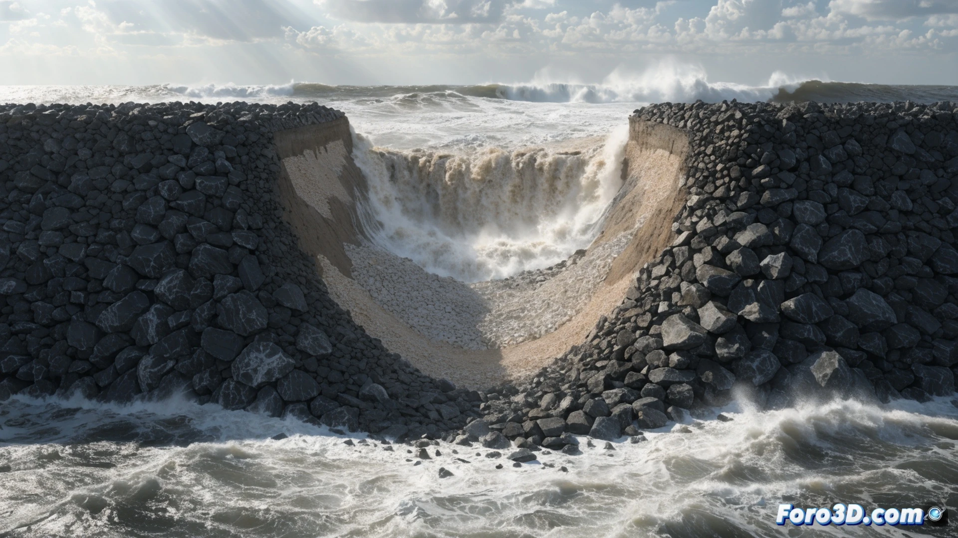 Collapsed rockfill breakwater berm being undercut by wave action, gravel filter layer washing out through eroded gaps, large angular stones sinking into void spaces while water surges over the crest, cross-section view showing internal erosion progression, exposed geotextile fabric and displaced filter material, cracked concrete cap tilting downward, dynamic spray and turbulent flow around failure zone, technical engineering visualization style, photorealistic coastal infrastructure render, dramatic storm lighting with dark clouds, ultra-detailed rock textures and hydraulic action