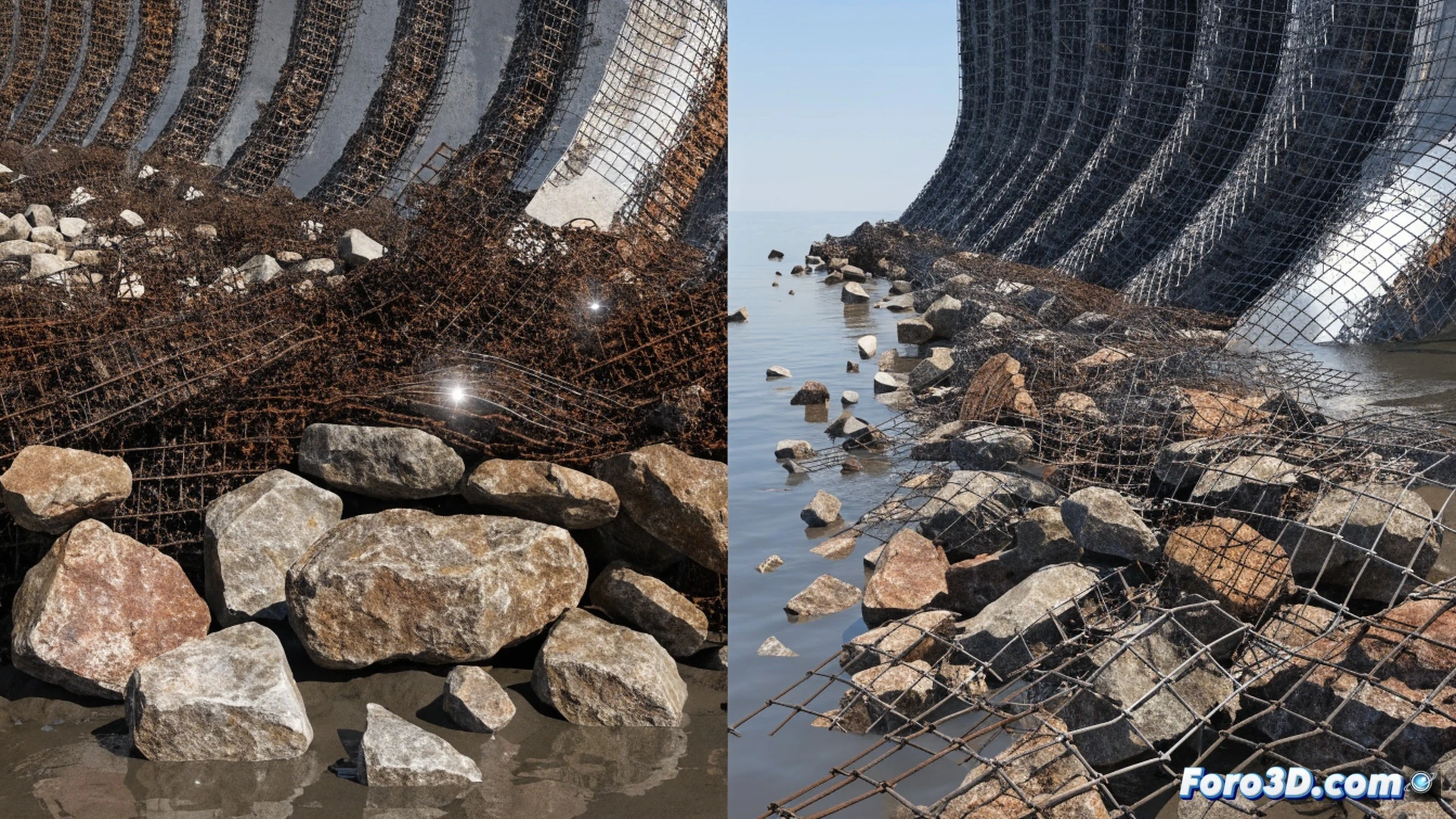 Photorealistic technical illustration of a coastal stone gabion wall collapsing due to salt corrosion, wire mesh rusting and snapping apart, broken galvanized steel wires fraying and separating under tensile stress, granite stones spilling outward from the fractured cage, salt spray mist drifting across the scene, Plaxis 3D wireframe simulation overlay showing progressive failure zones in red, ContextCapture photogrammetry mesh visible in background, dramatic overcast coastal lighting, ultra-detailed metal corrosion textures, engineering visualization style, debris in motion, structural degradation clearly demonstrated