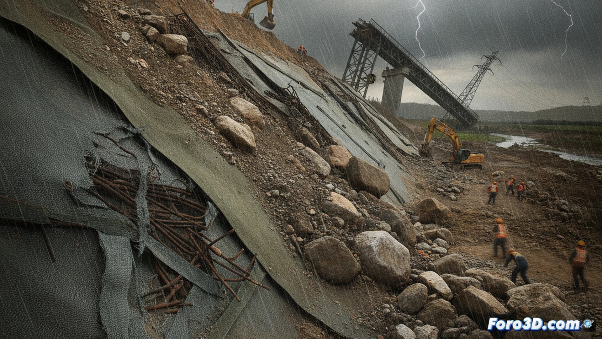Geotextile fabric tearing under heavy soil load on a construction slope, workers in safety vests inspecting a massive rupture while excavator bucket hovers mid-action, exposed synthetic fibers fraying at the failure edge, muddy water seeping through the torn membrane, technical engineering visualization, cross-section showing improper overlap and missing anchor trench, orange safety cones and surveying equipment scattered around, dramatic overcast lighting, photorealistic construction site render, ultra-detailed textile weave texture and soil layers