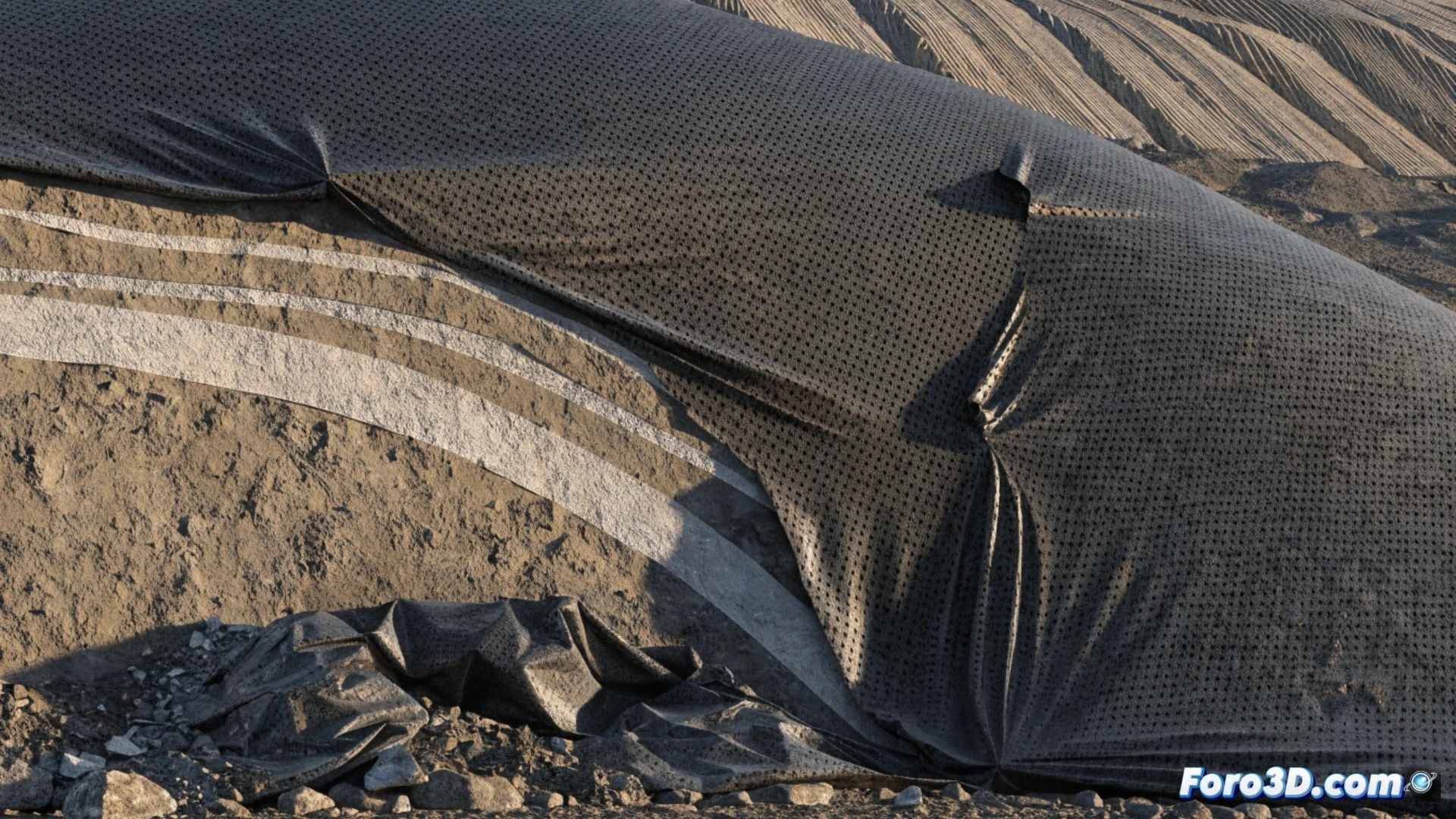[Simulación 3D de geotextil colapsando en talud con grietas de tensión y capas de suelo deslizándose]