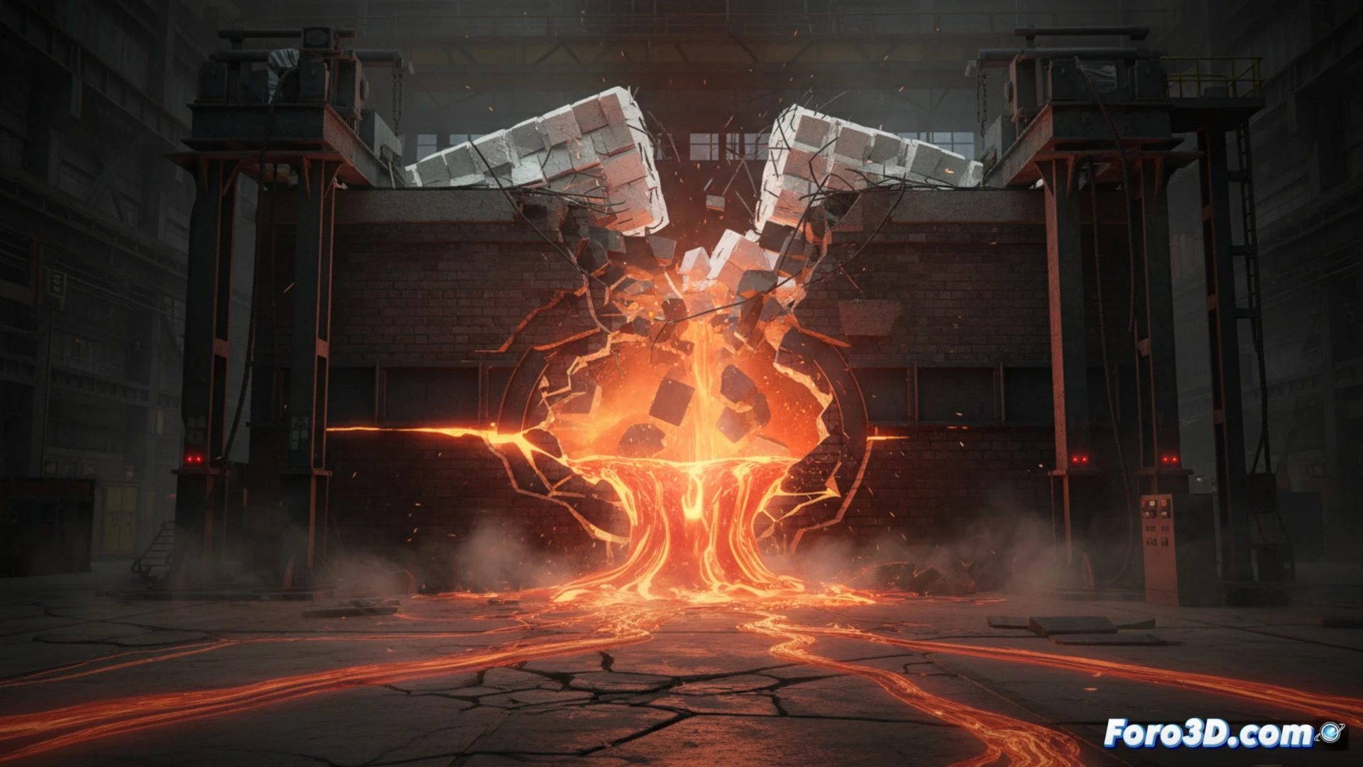 Simulación 3D de un horno de vidrio colapsando, con silicato fundido incandescente y grietas en la estructura industrial.