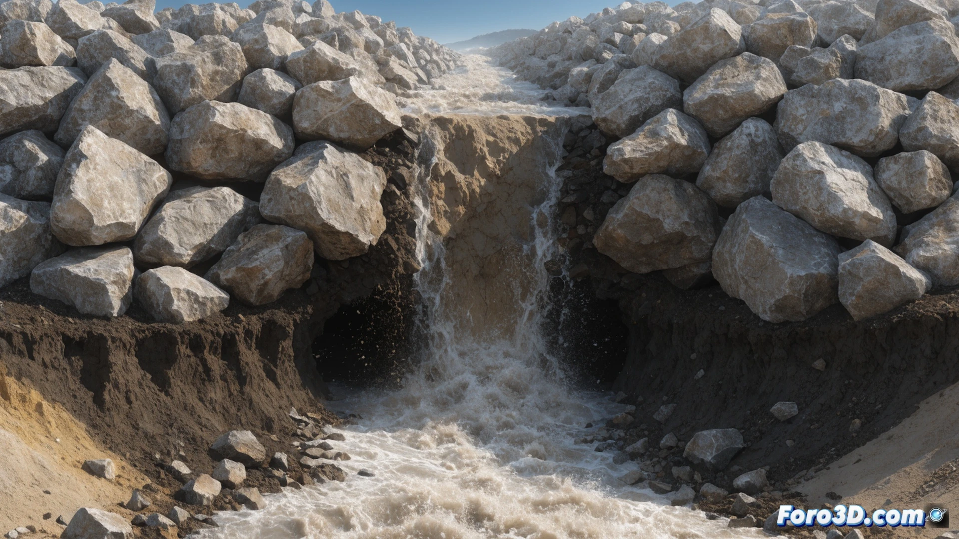 collapsing rockfill retaining wall failure sequence, soil fines being washed out through missing geotextile filter layer, water flow carving voids behind wall, progressive settlement and bulging of stone face, cracked concrete cap tilting forward, exposed drainage pipe clogged with sediment, engineering visualization style, cutaway view showing internal soil erosion process, saturated ground with orange-brown turbid water seeping through gaps, displaced boulders at toe, dramatic side lighting emphasizing structural distress, photorealistic technical illustration