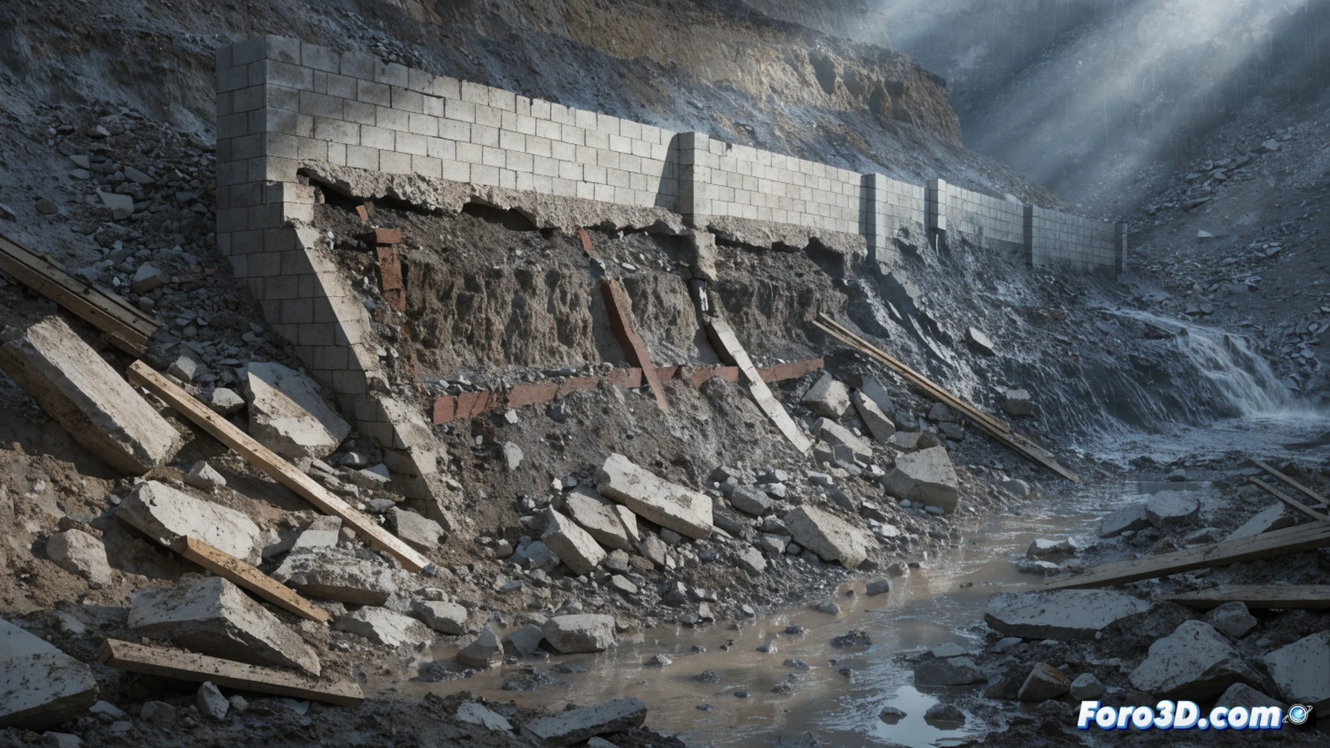 muro inclinado de contención colapsando por vuelco, suelo saturado deslizándose desde la parte trasera del muro, grietas diagonales visibles en la estructura de concreto, agua lodosa filtrándose a través del drenaje obstruido, bloques de concreto desplazados y escombros esparcidos al pie del talud, árbol caído sobre la corona del muro, ingeniero sosteniendo un tablet con plano de drenaje fallido, topógrafo con estación total registrando el desplazamiento, cielo tormentoso con lluvia intensa, estilo ilustración técnica realista con iluminación dramática y texturas de suelo saturado, render ingenieril detallado