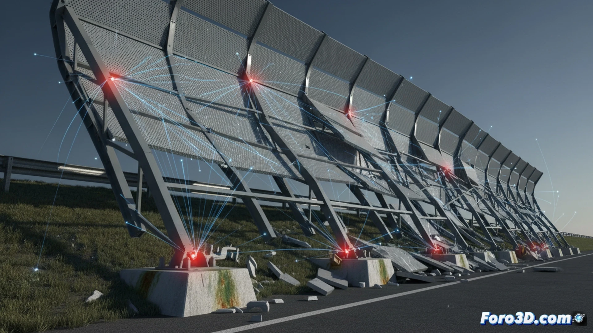 Reconstrucción 3D de colapso de pantalla acústica mostrando puntos de tensión y fatiga de materiales