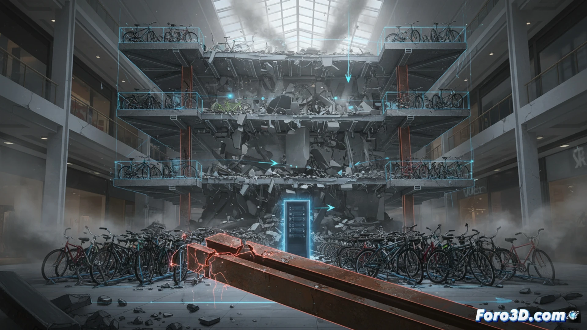 Simulación 3D de colapso estructural en aparcamiento de bicicletas metálico con soportes fracturados y bicicletas caídas
