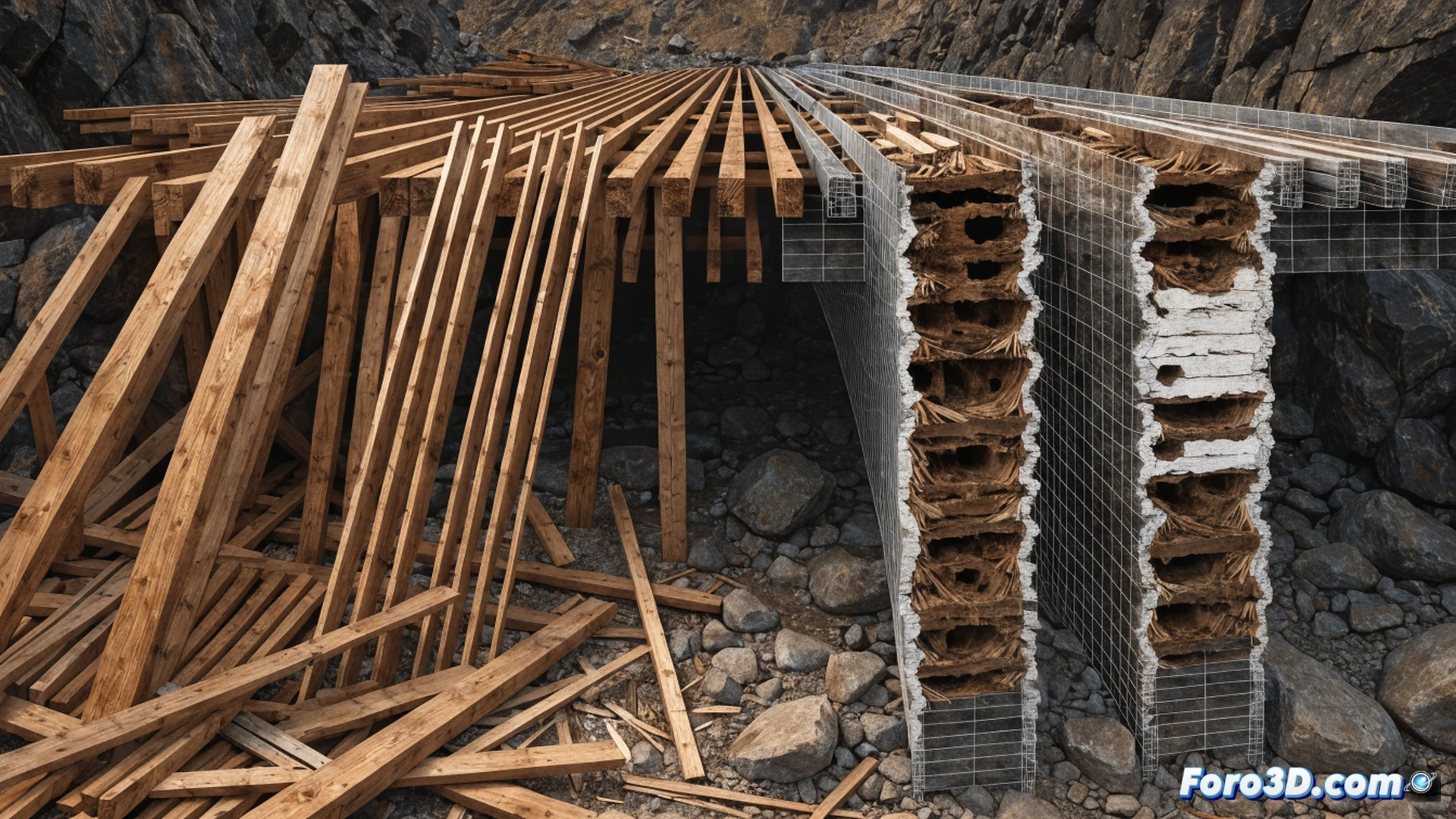 Colapso de una pasarela peatonal de madera laminada, vista en sección transversal, mostrando vigas partidas con pudrición interna oscura y delaminación, mientras un escáner láser 3D sobre trípide registra la deformación, con modelo estructural de SAP2000 superpuesto en transparencia, líneas de esfuerzo y grietas visibles, ingeniero técnico señalando la testa mal sellada, iluminación de obra, fondo de andamio metálico, estilo visual de ilustración técnica forense, ultra detallado, fotorealista, cinematic engineering visualization