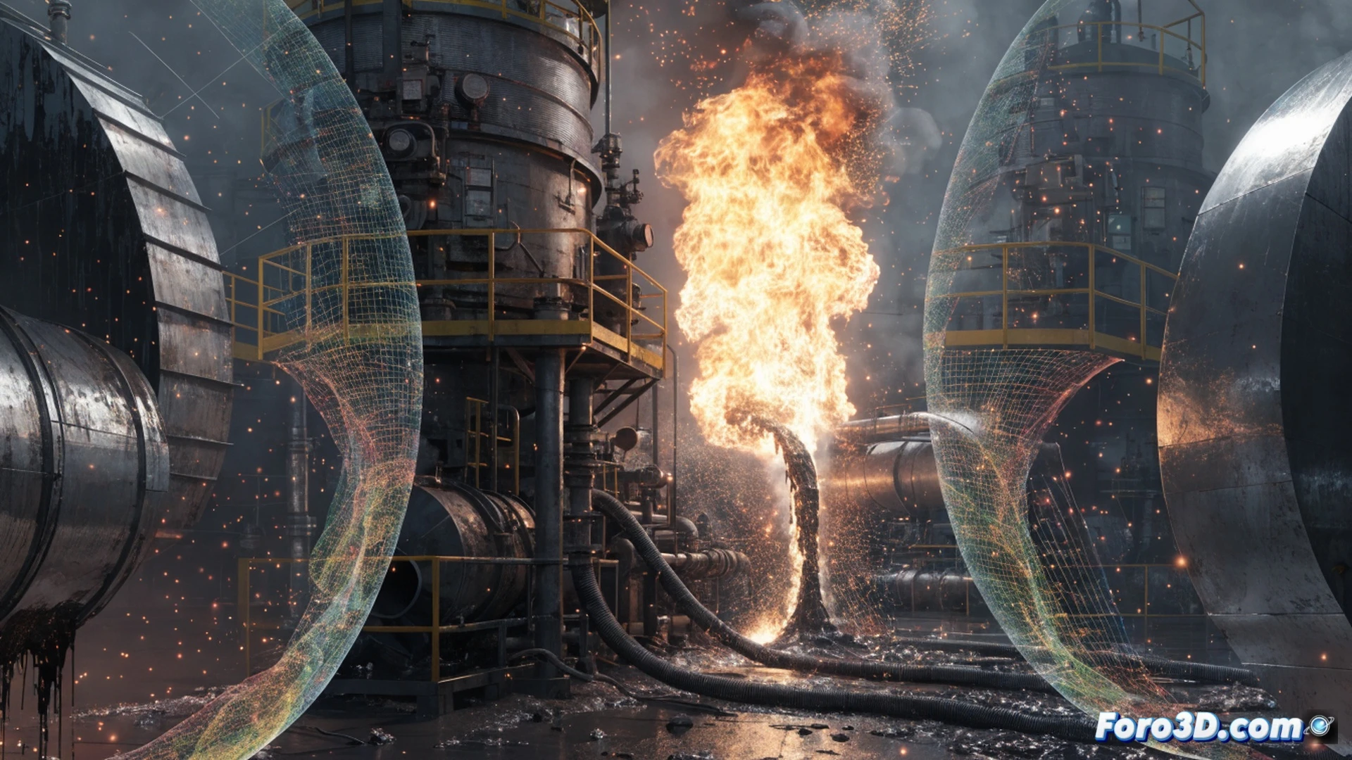 large-scale bioethanol distillation plant collapse aftermath, structural steel beams twisted and broken, fire damage visible on metal surfaces, residual smoke rising from destroyed columns, forensic engineers in protective suits using 3D laser scanners and tablet computers to document debris field, static electricity discharge point highlighted with glowing blue arc near sludge purge valve, flammable gas accumulation zones shown as translucent orange heat haze, cinematic engineering visualization, dramatic low-angle perspective, overcast industrial sky, photorealistic technical illustration, ultra-detailed wreckage textures