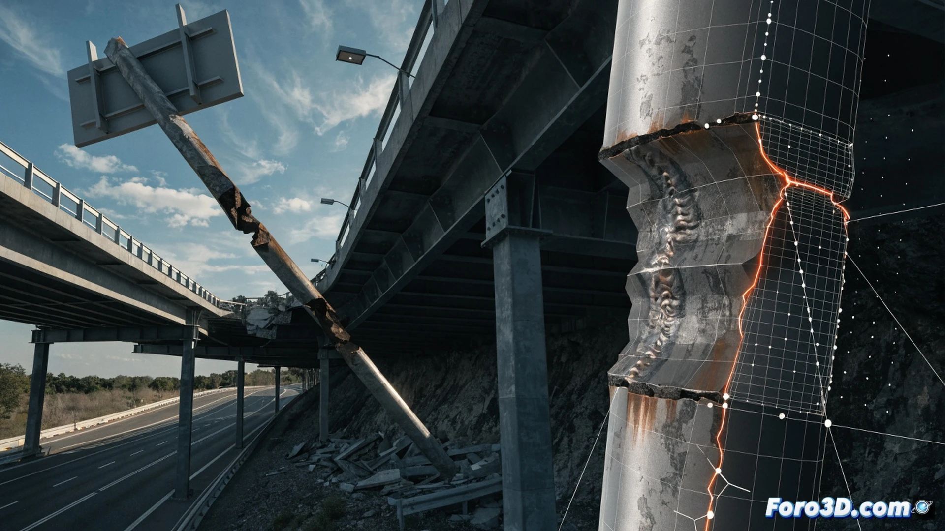 fatigue fracture in welded steel base of highway gantry sign, vertical mast collapsed onto road, engineers scanning the fallen structure with FARO laser scanner on tripod, creating 3D point cloud using Autodesk ReCap software on rugged laptop, orange traffic cones and barriers around the crash site, broken weld seam with visible crack propagation lines, rusty metal surface, concrete foundation exposed, photorealistic engineering visualization, bright daylight with harsh shadows, cinematic wide-angle shot, ultra-detailed structural failure analysis scene