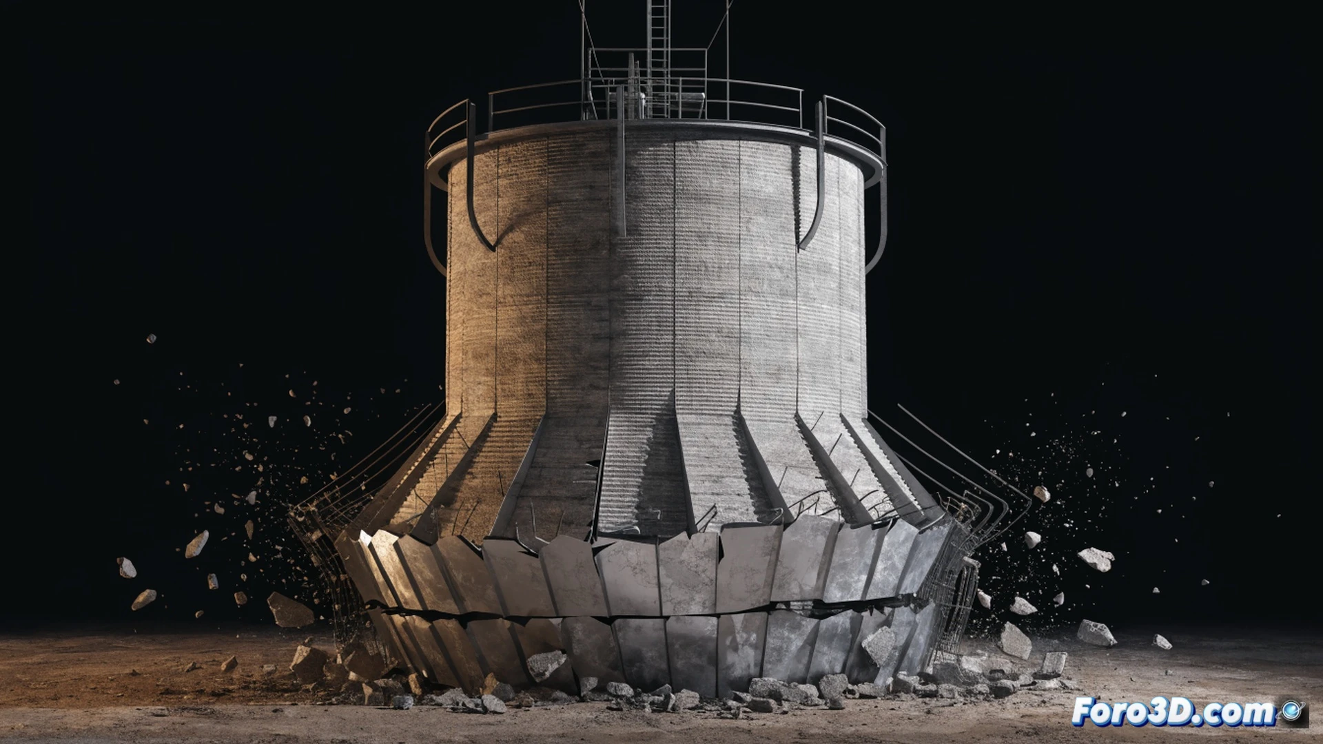 large cylindrical cement silo mid-collapse, steel shell buckling outward near the lower ring, visible eccentric load causing uneven deformation, cracked weld lines and torn metal plates, photogrammetry markers scattered on the ground, laptop screen showing finite element simulation with red stress concentration zones, collapsed debris pile with dust cloud, technical engineering visualization, photorealistic industrial scene, harsh sunlight casting sharp shadows, metallic surface reflections, structural failure documentation style, ultra-detailed steel textures