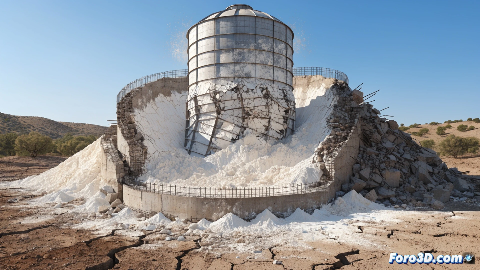 cinematic engineering visualization of a tilted industrial silo foundation sinking into cracked clay soil, moisture seeping through expanding ground fissures, structural steel legs bending under uneven settlement, Plaxis 3D simulation interface shown in transparent overlay with stress contour lines, ContextCapture 3D model wireframe floating beside the scene, geotechnical drill rig in background extracting soil sample, dramatic low-angle sunlight casting long shadows, ultra-detailed photorealistic technical render