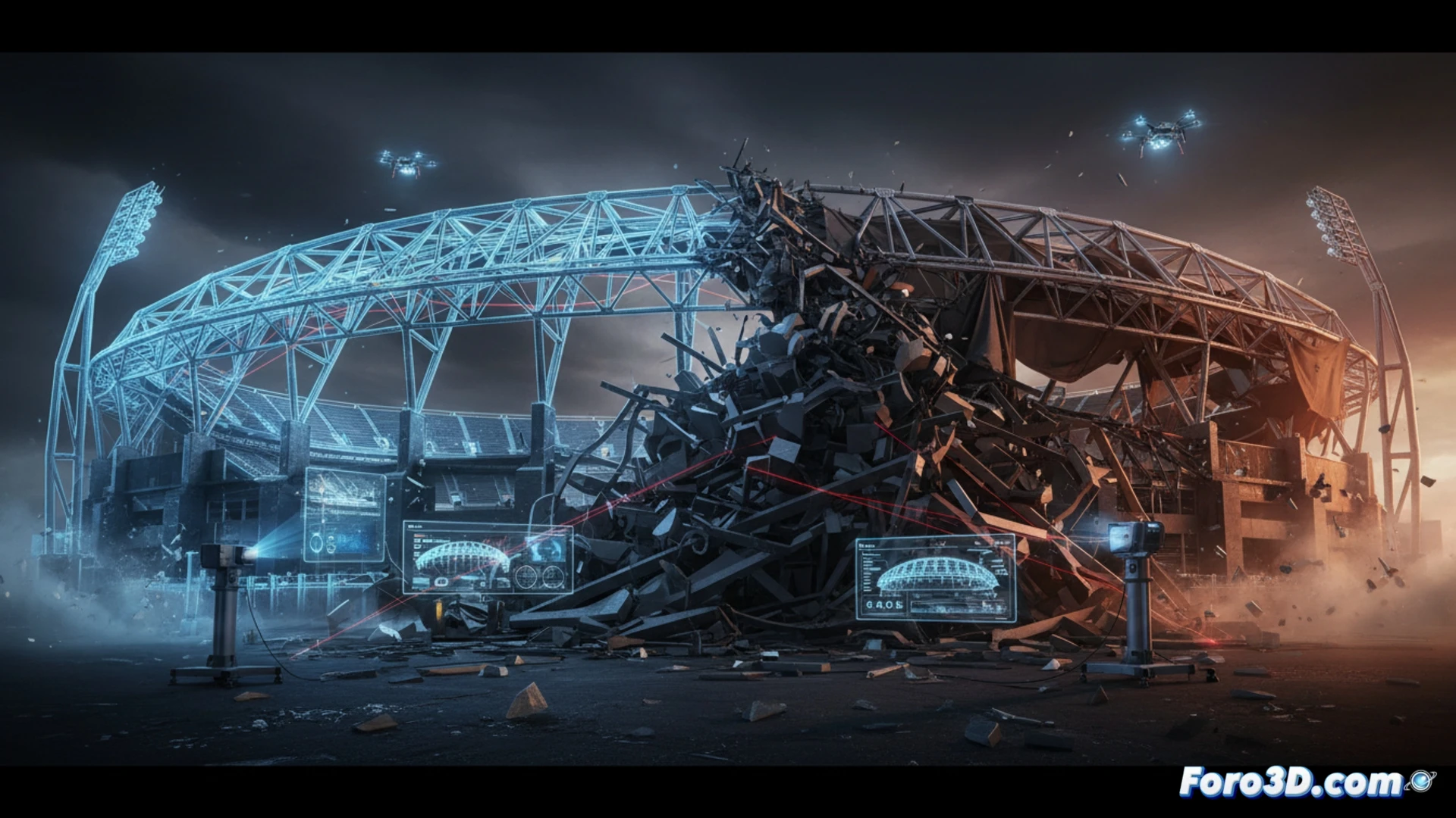 Reconstrucción 3D de ruinas de cancha de tenis colapsada, análisis estructural forense y simulación de derrumbe