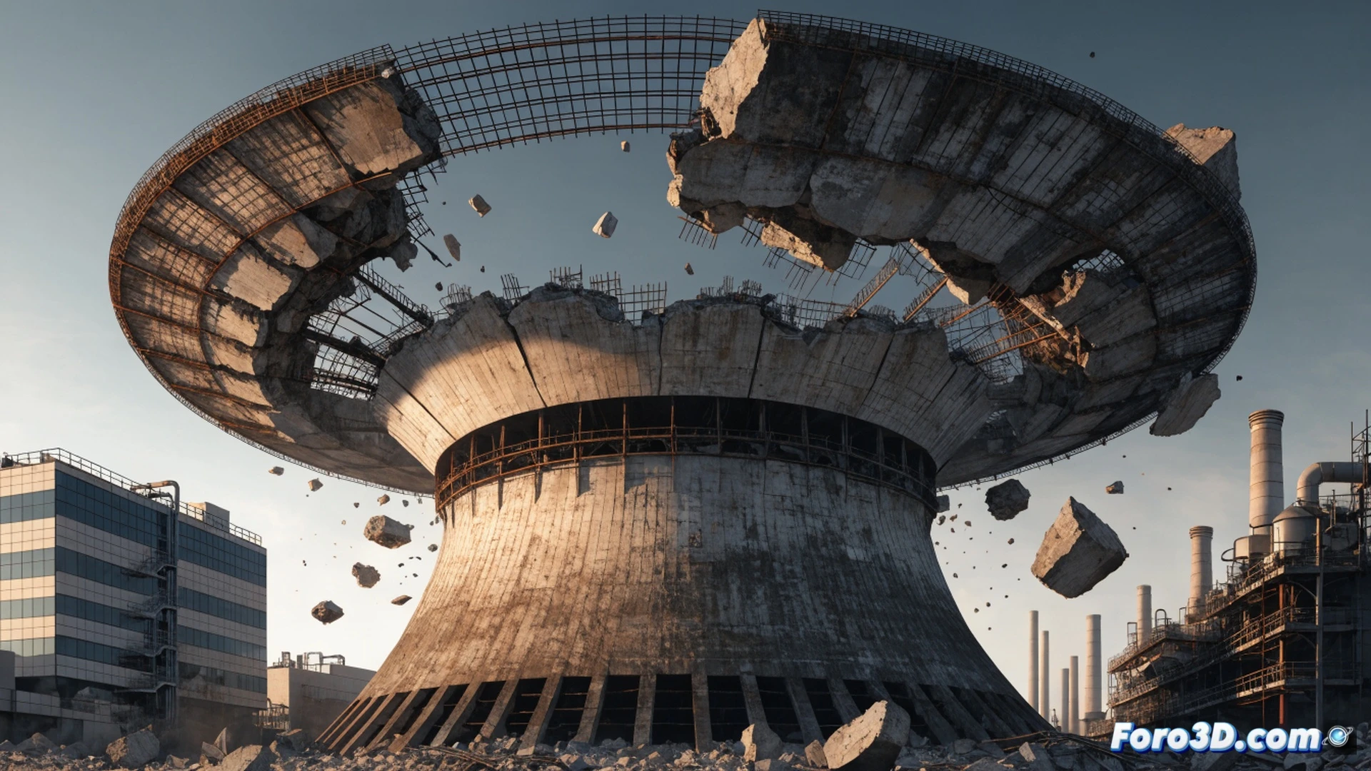 industrial cooling tower collapse sequence, concrete ring beam at the top fracturing and shedding large chunks of carbonated concrete, exposed steel reinforcement rusting and snapping under tension, dust cloud rising during the structural failure, cross-section view revealing the carbonation front penetrating deep into the concrete, chemical pH indicator showing color change from alkaline to neutral, photorealistic technical illustration, dramatic side lighting from emergency floodlights, detailed texture of spalled concrete and corroded rebar, cinematic engineering visualization with forensic analysis atmosphere