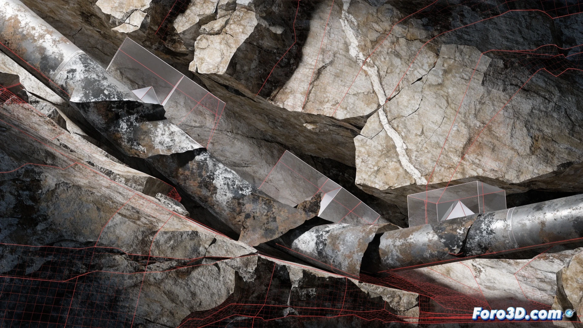 subterranean gas well cross-section showing steel casing pipe sheared by tectonic fault movement, rock layers visibly displaced along a diagonal fracture plane, pipe wall torn and buckled at the exact failure point, forensic 3D reconstruction software interface visible in background with force vectors and stress heatmap overlay, glowing red fracture zone, engineers analyzing digital twin on holographic display, photorealistic technical engineering visualization, dramatic underground lighting with dust particles, ultra-detailed geological strata and metallic pipe texture