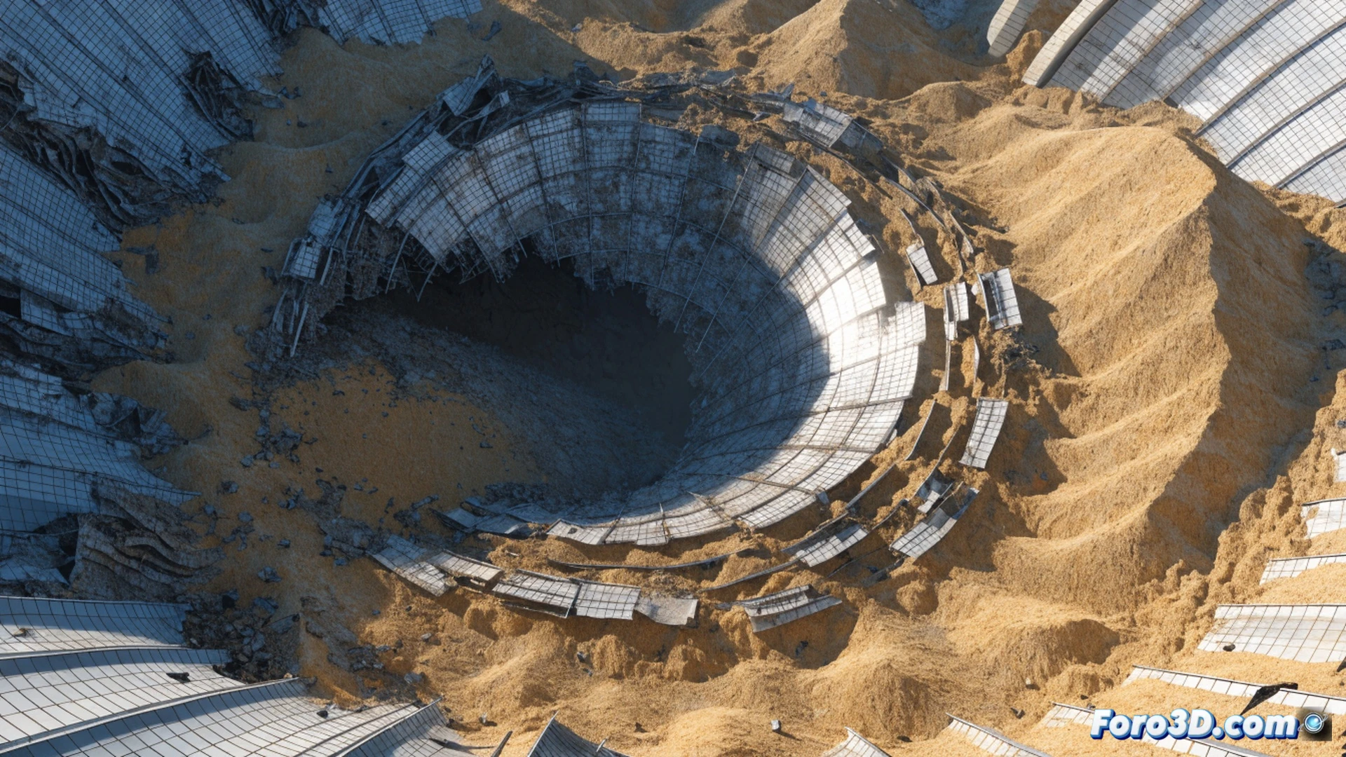 large grain storage dome collapsing inward, vacuum-induced buckling event during rapid discharge, metal shell panels crumpling like foil, dust cloud erupting from the rupture point, drone-mounted photogrammetry camera hovering nearby capturing the deformation, structural failure sequence frozen mid-collapse, visible pressure differential arrows in the air, cracked concrete foundation, twisted steel ribs exposed, cinematic engineering visualization, dramatic low-angle shot, dark stormy sky, realistic material textures, photorealistic technical render, hyper-detailed industrial disaster scene
